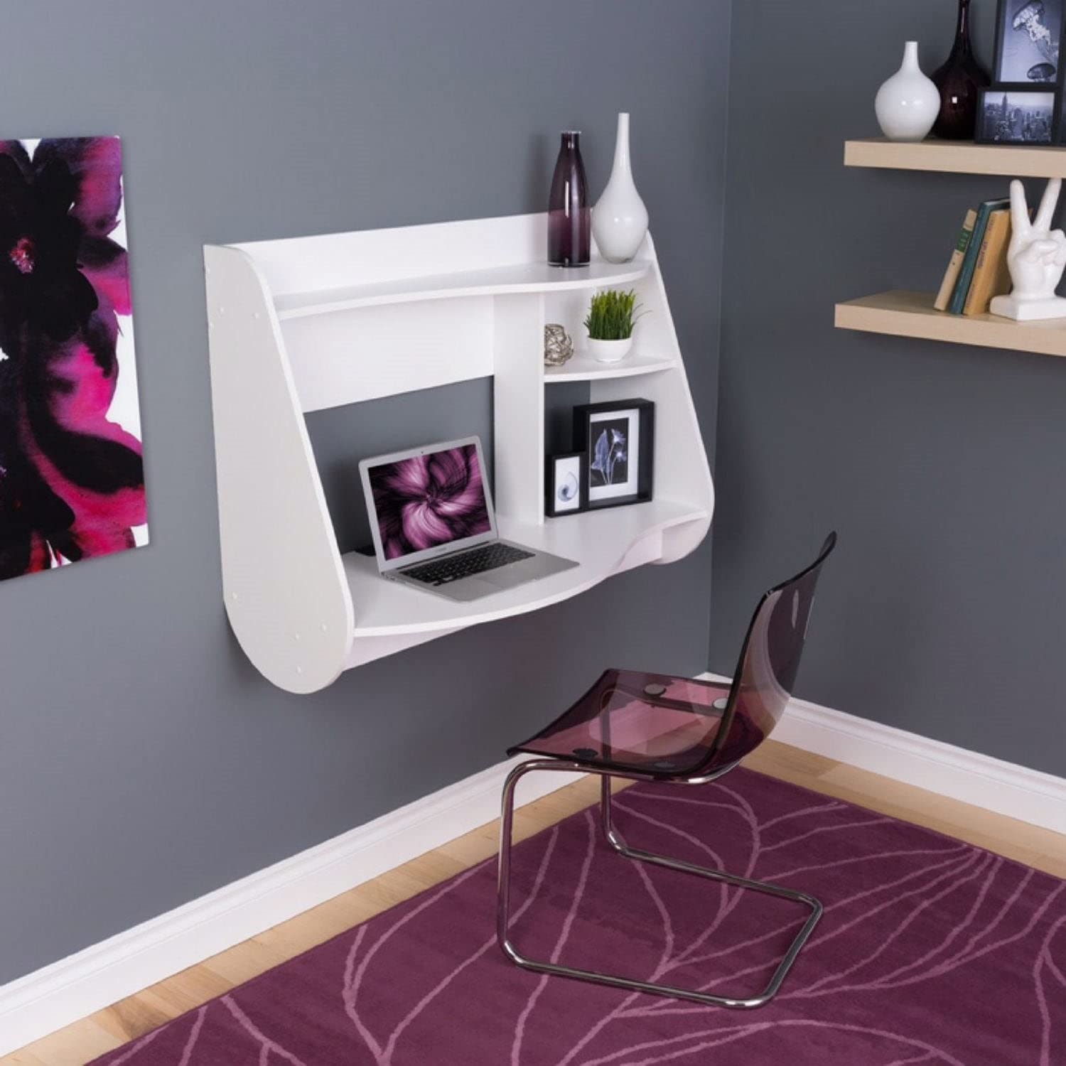 Modern White Wall-Mount Laptop Computer Desk - Space-Saving Home Office & Small Apartment Solution