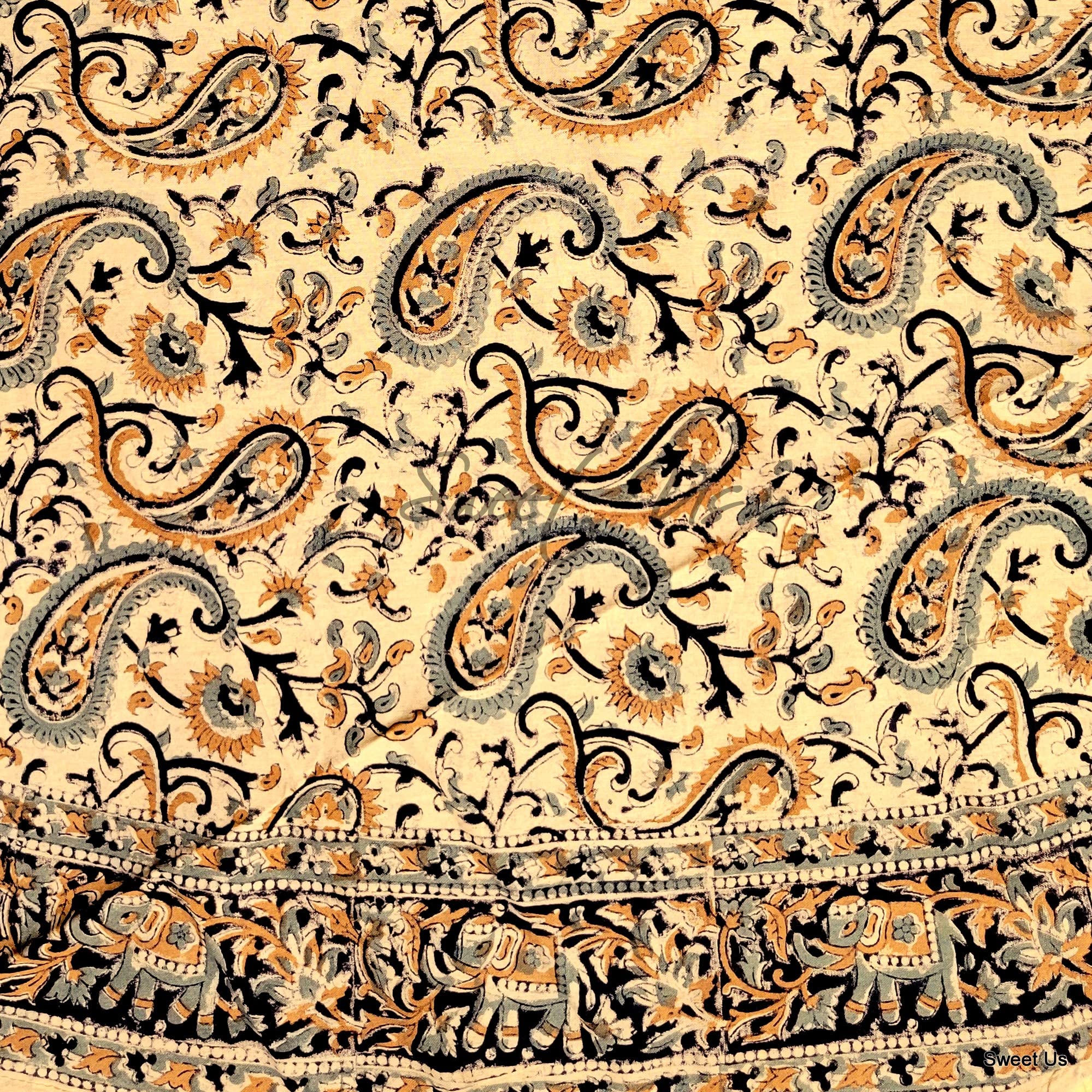 Handmade Cotton Block Print Tablecloth with Paisley Elephant Floral Design - 72-inch Round Kitchen & Dining Table Cover for Indoor/Outdoor Use - Includes Matching Napkin Set (Black, Gold, Gray) - Perfect for Dinner Parties, Picnics, and Wedding Decorations