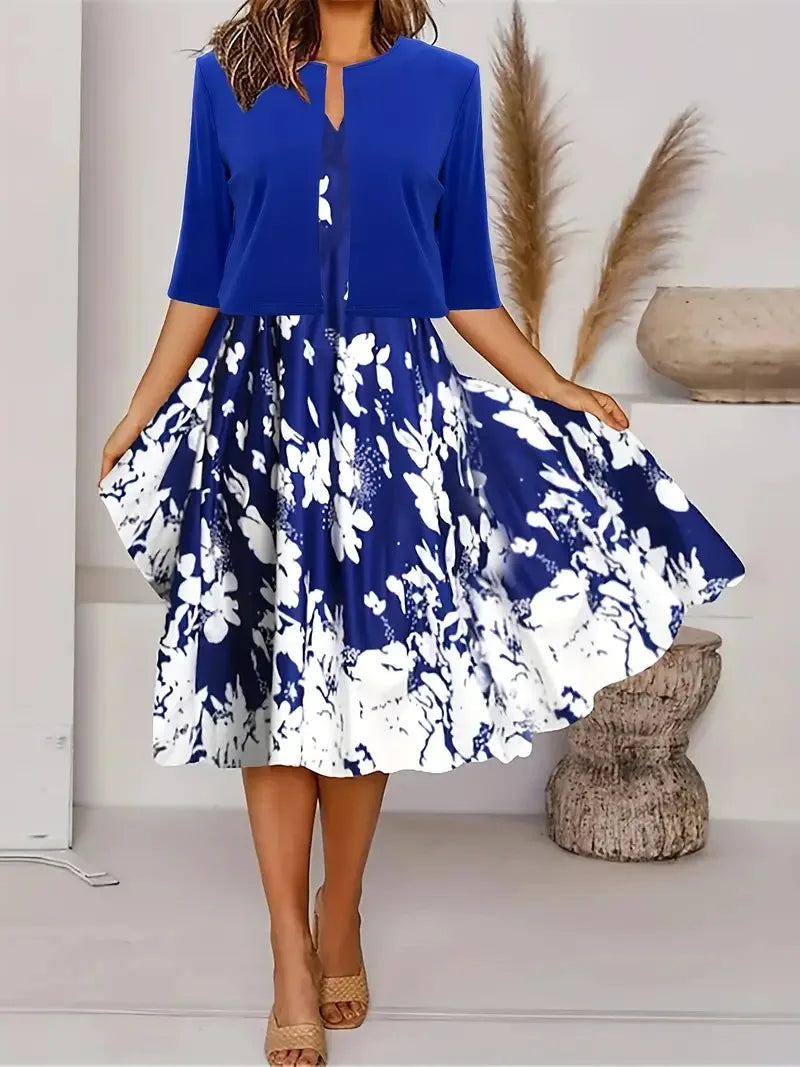 2025 Autumn Women's Long Sleeve Printed Dress with Short Cardigan Set - Casual Office Wear & Fall Outfits for Women