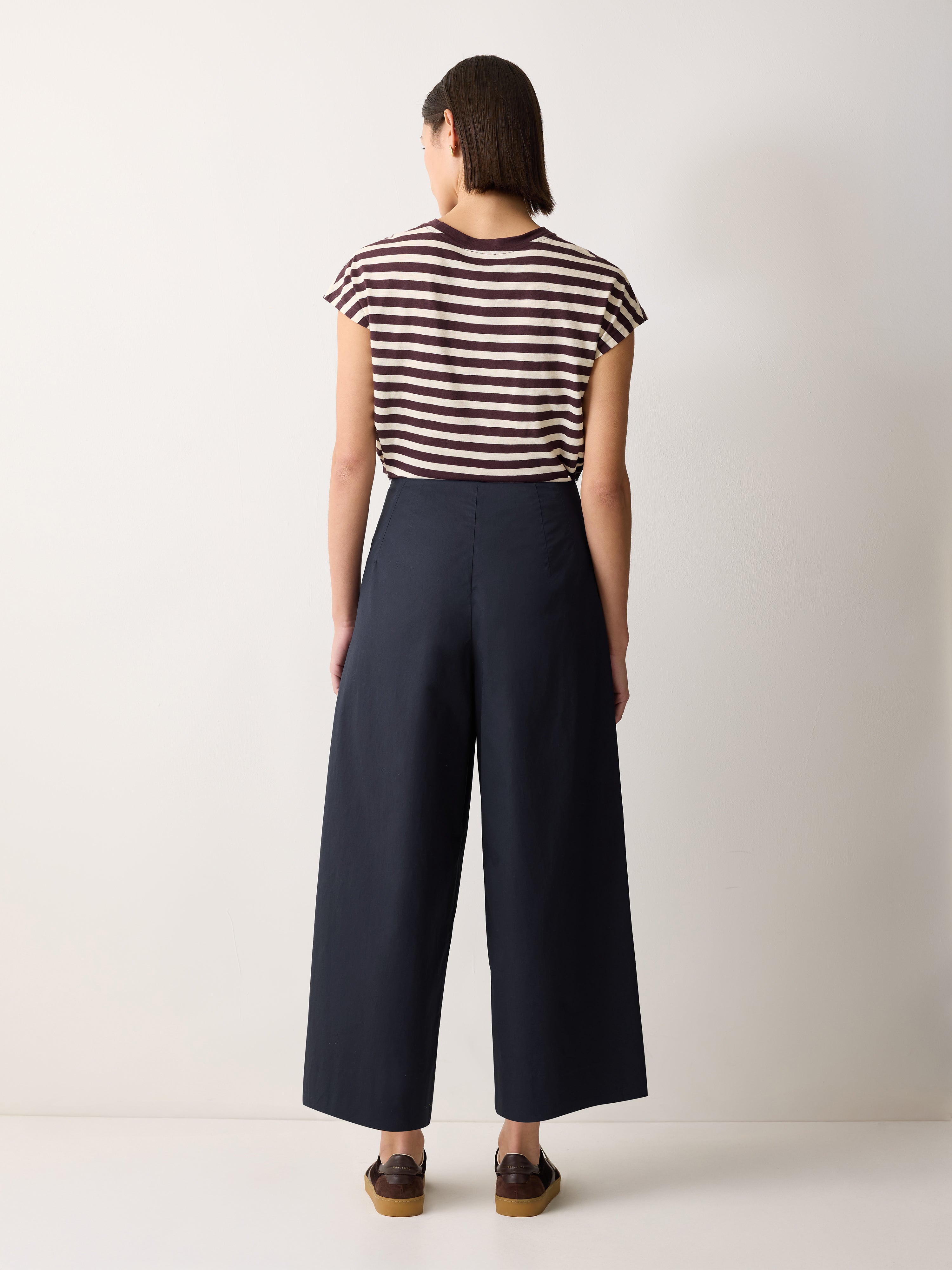 Women's High Waist Wide Leg Cotton Pants - Navy Blue Casual Linen Trousers for Work, Office & Everyday Wear