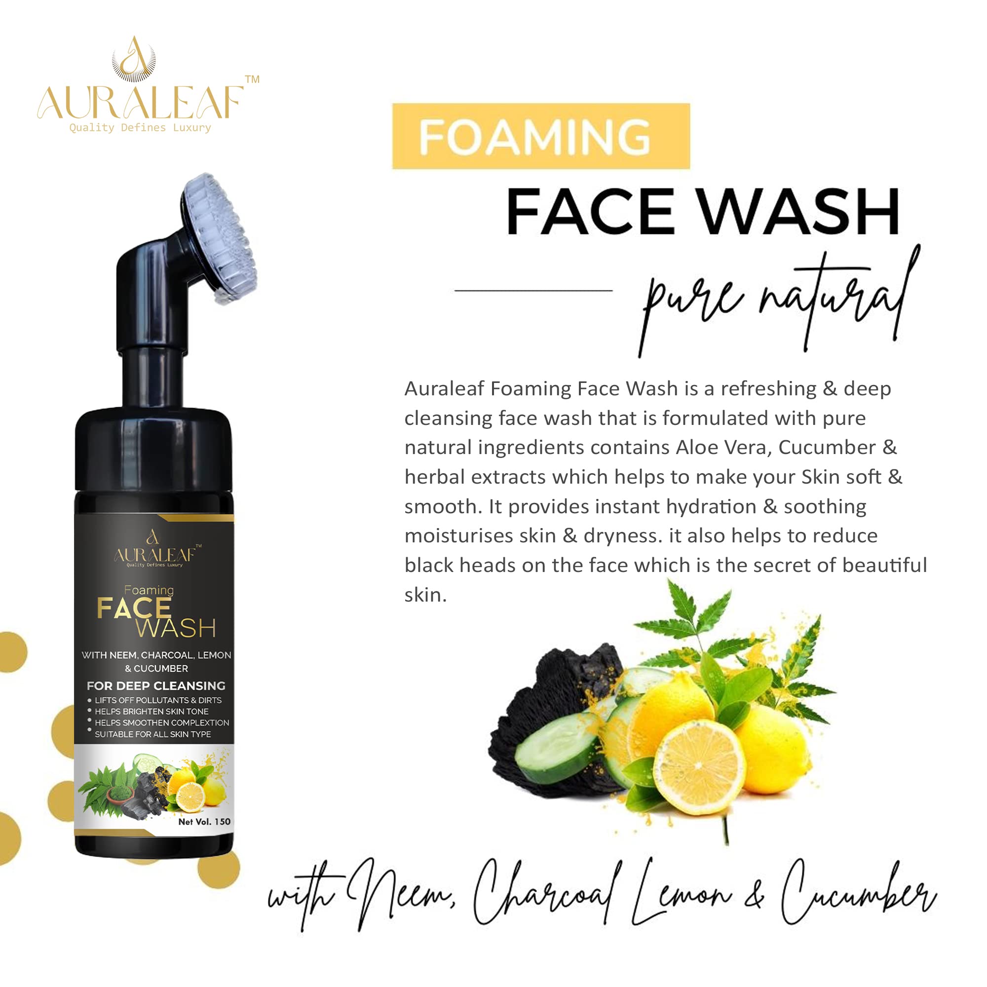 Auraleaf Foaming Face Wash with Neem, Lemon, Cucumber & Charcoal - Gentle Skin Cleanser for Bright, Clear Skin | All Skin Types | 150ml | Daily Deep Cleansing & Oil Control for Acne-Prone Skin