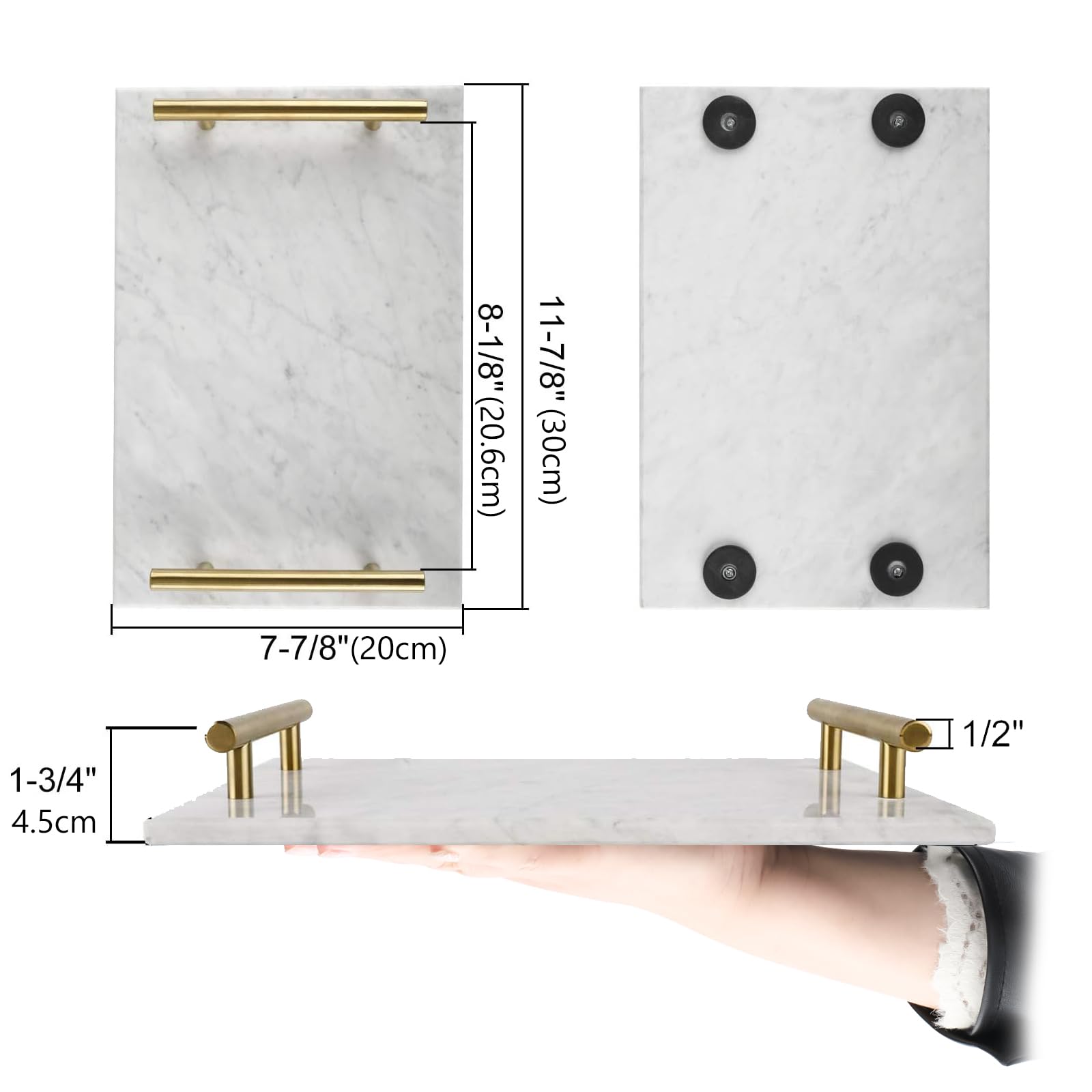 HighFree Handmade Marble Stone Decorative Tray with Copper Metal Handles - Elegant Vanity Organizer for Counter, Dresser, Nightstand & Desk (White) | Perfect for Jewelry Display, Bathroom Essentials & Home Decor