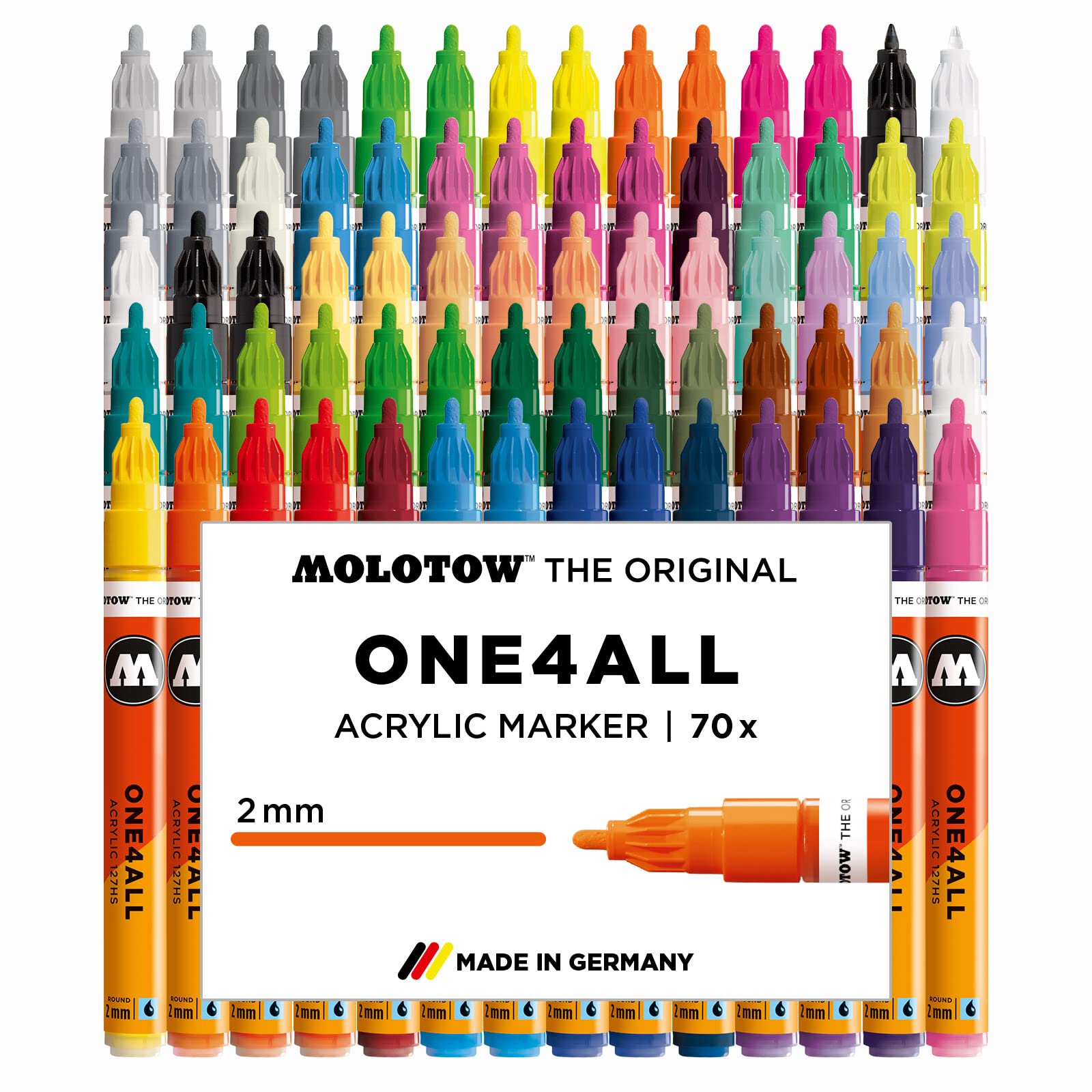 Molotow ONE4ALL Acrylic Paint Markers Set - 70 Dual-Tip Markers (1mm & 2mm) with Assorted Colors for Artists, DIY & Craft Projects - Perfect for Canvas, Wood, Metal, Glass & Graffiti Art