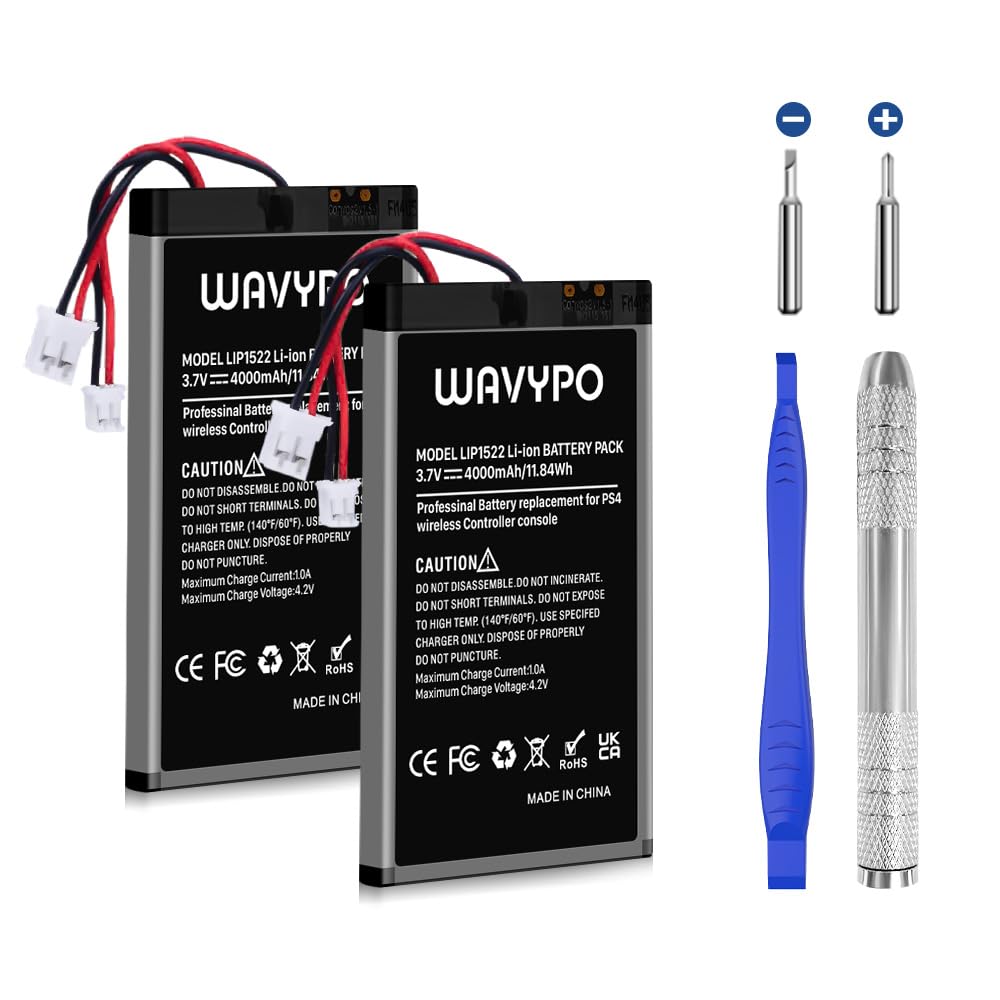 WAVYPO 2 Pack 4000mAh Replacement Battery for PS4 Controller - Compatible with PS4/PS4 Pro/PS4 Slim, Dualshock 4 Models CUH-ZCT1H/CUH-ZCT1E/CUH-ZCT1U/CUH-ZCT2U/CUH-ZCT2 - Long Lasting Gaming Power for Extended Play Sessions