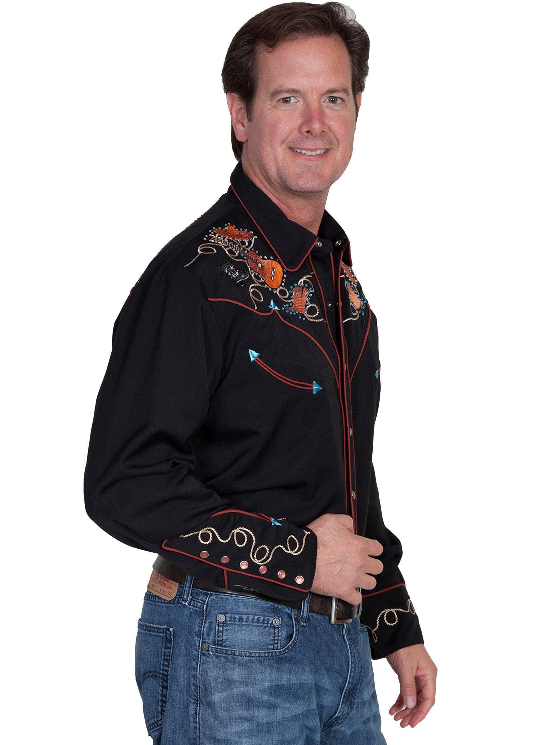 Scully Boots Hats & Guitars Embroidered T-Shirt for Men & Women - Black Cotton Graphic Tee - Perfect for Concerts, Western Outfits & Casual Wear