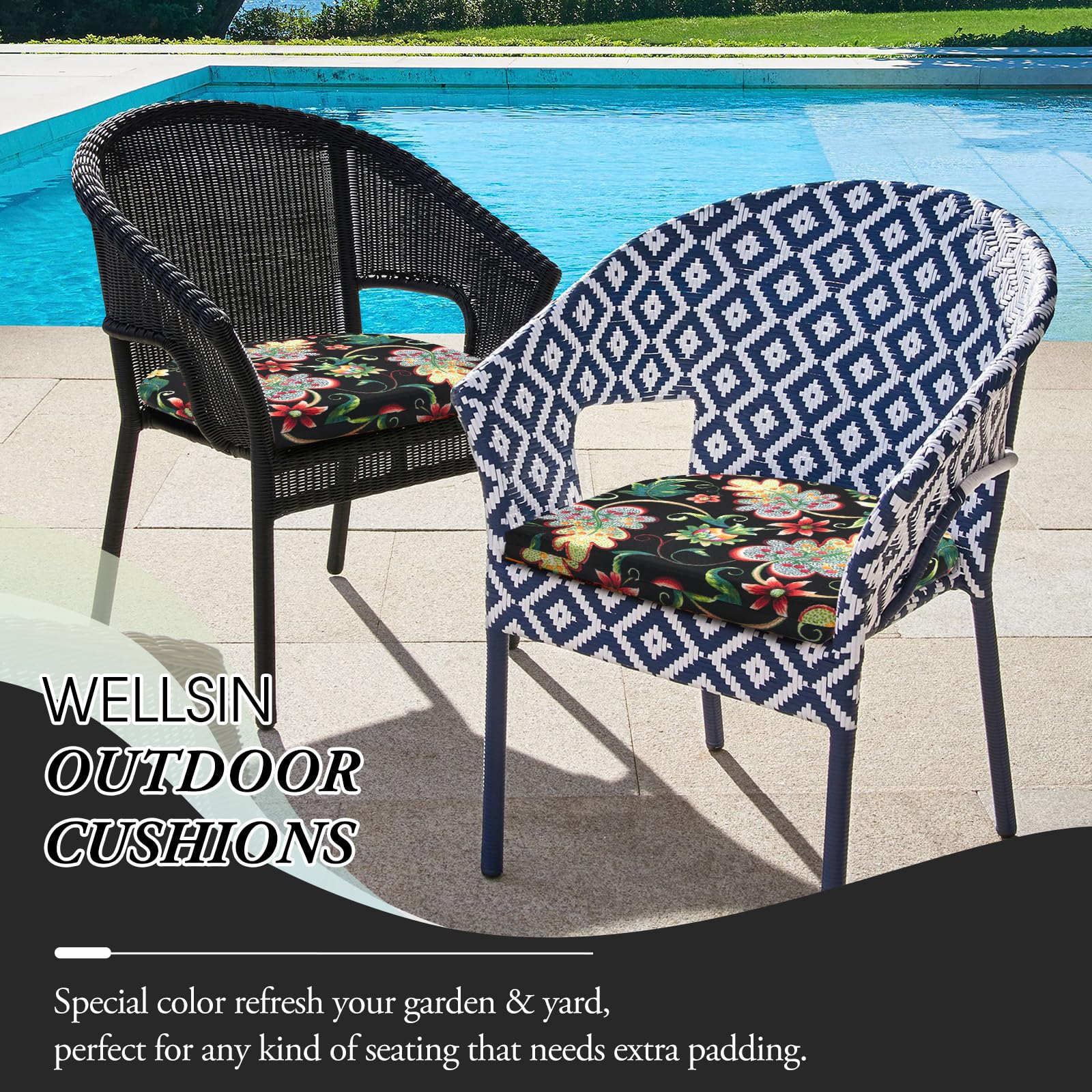 Outdoor Chair Cushions Set of 2 - Water Resistant 17x16x2 Inch Round Corner Patio Seat Cushions for Garden, Deck, Poolside - Black Floral Design - Perfect for Outdoor Furniture, Lounging & Relaxation
