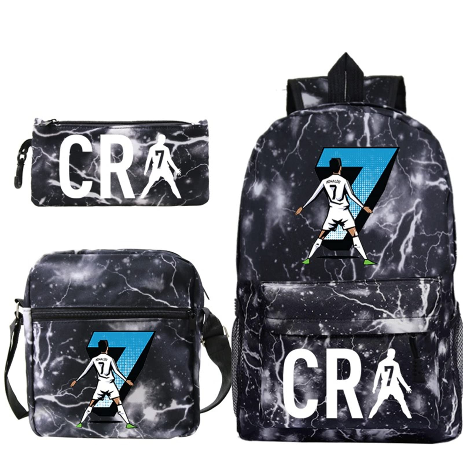 SAZAO Kids Cristiano Ronaldo Backpack Set - Durable School Backpack with Shoulder Bag & Pencil Case - Laptop Backpack for Travel & Sports - Perfect for School, Gym & Soccer Practice