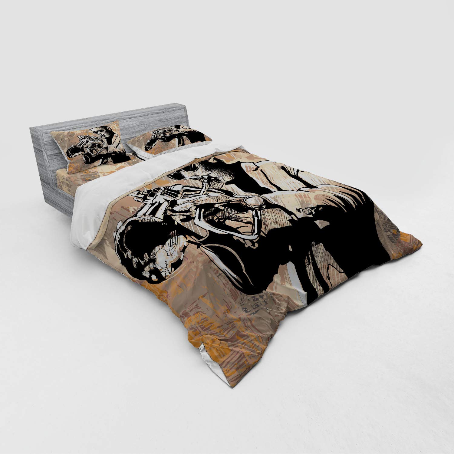 Ambesonne Jazz Music Duvet Cover Set - Grunge Style Musician with Sunglasses Playing Trumpet 4-Piece Bedding Set with Shams & Fitted Sheet, Queen Size Beige & Black - Perfect for Jazz Lovers' Bedroom Decor & Music Themed Rooms