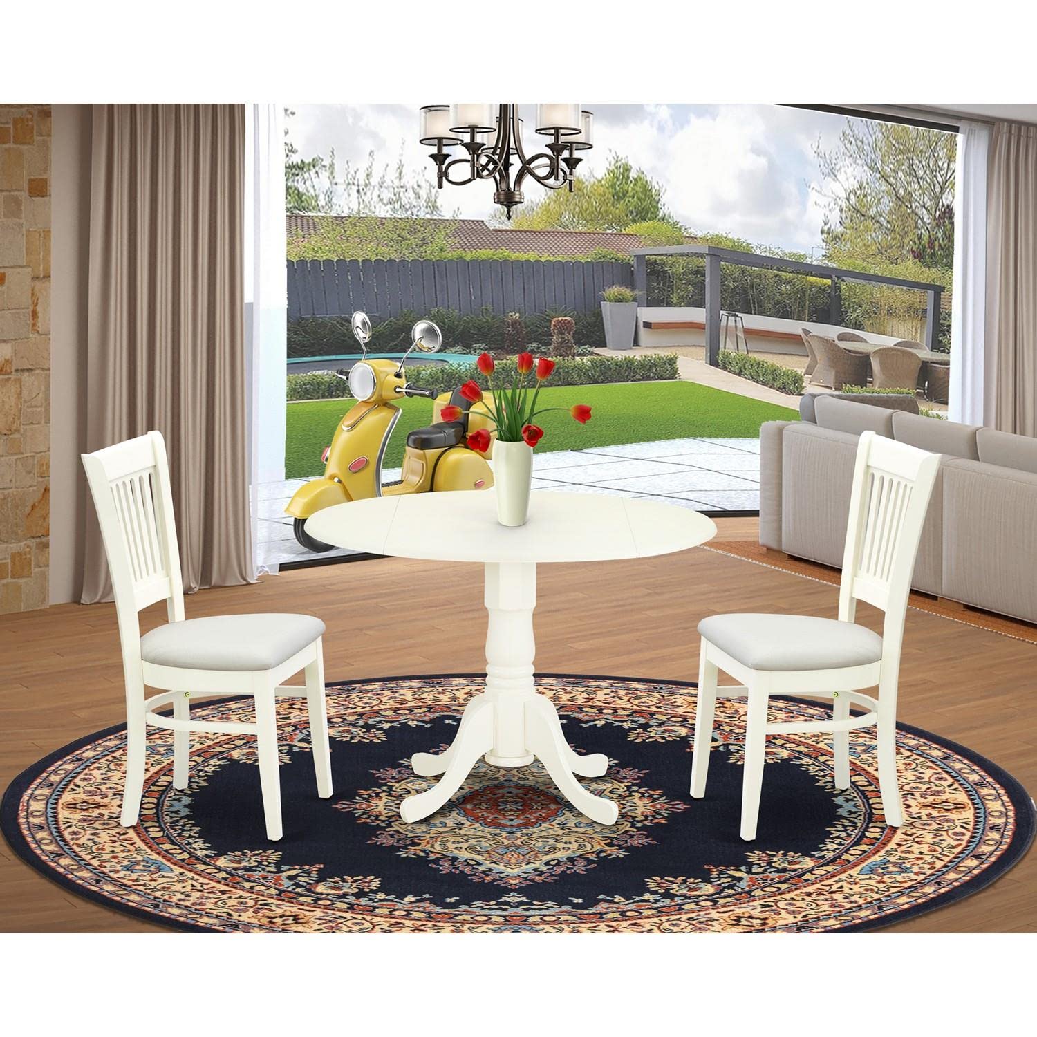 East West Furniture Dublin 3-Piece Modern Dining Set - Round Wooden Drop-Leaf Table & 2 Fabric Upholstered Chairs, 42x42 Inch, Linen White - Perfect for Small Spaces, Breakfast Nooks & Cozy Apartments