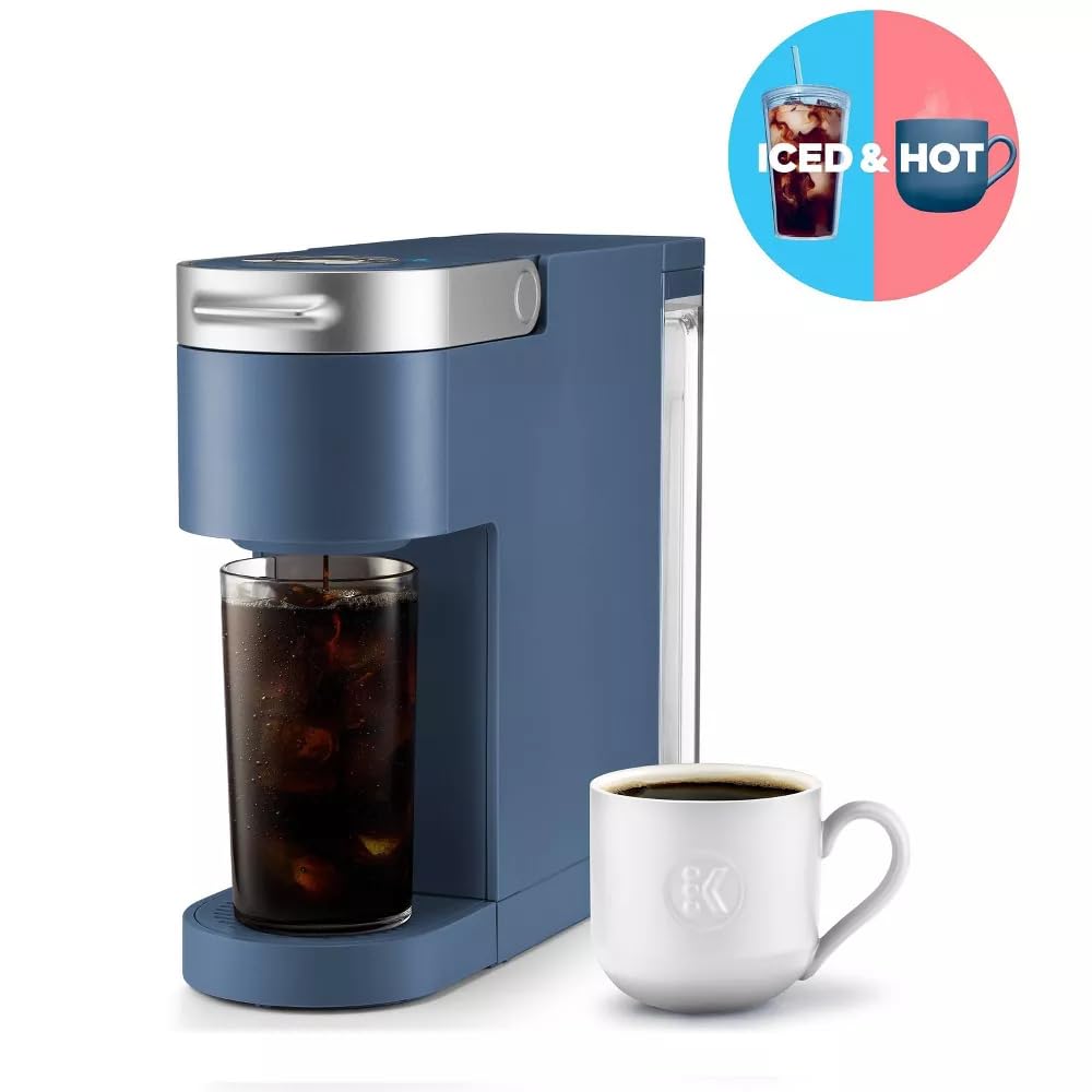 K-Iced Plus Single-Serve Coffee Maker & Espresso Machine - Brews Iced & Hot Coffee, Compact Design for Small Spaces, Fits Travel Mugs, 46 oz Removable Water Reservoir, Auto Shut-Off, KCup Pod Compatible, Alpine Blue - Perfect for Home, Office, Dorm & Travel Use
