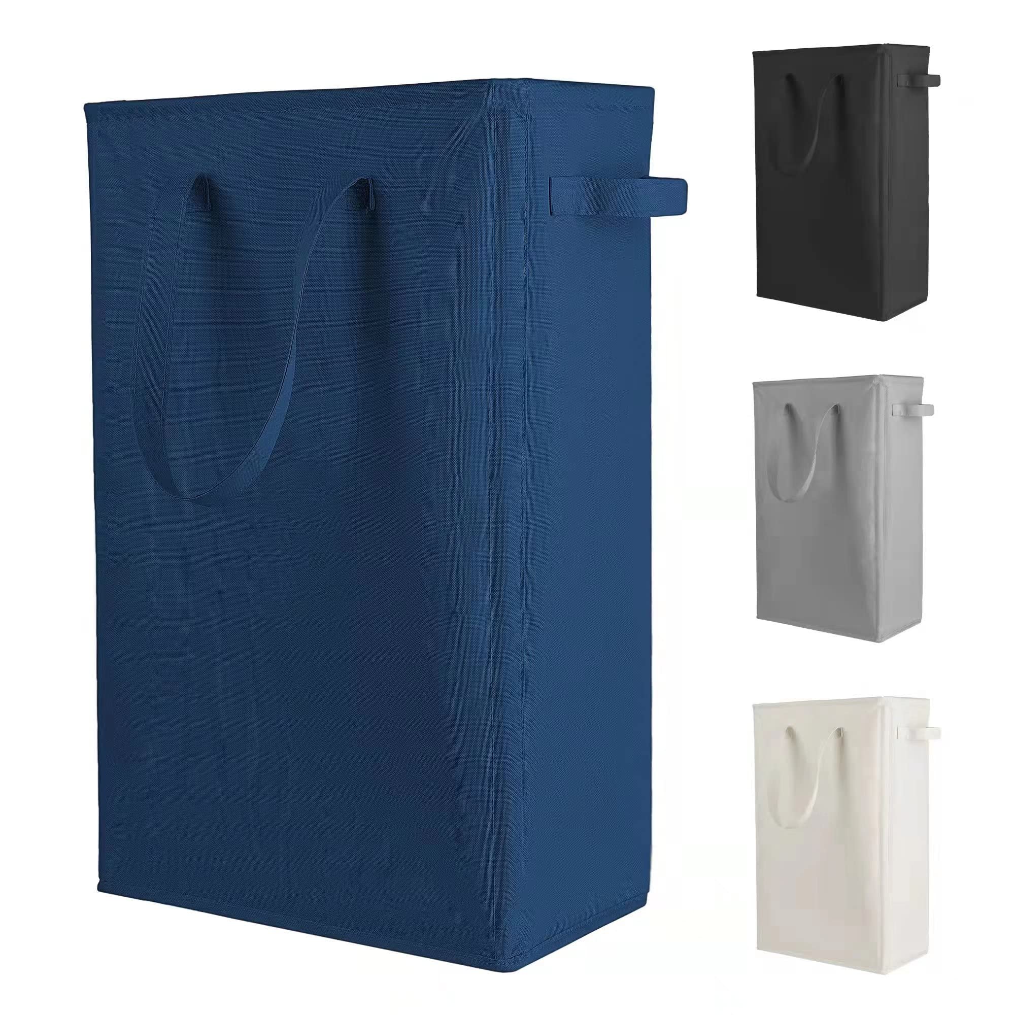 Odonata Slim Collapsible Laundry Hamper with Handles - 45L Foldable Dirty Clothes Basket, Narrow Space-Saving Laundry Bag for Small Spaces (Navy Blue) - Perfect for Apartments, Dorms, and Tight Spaces