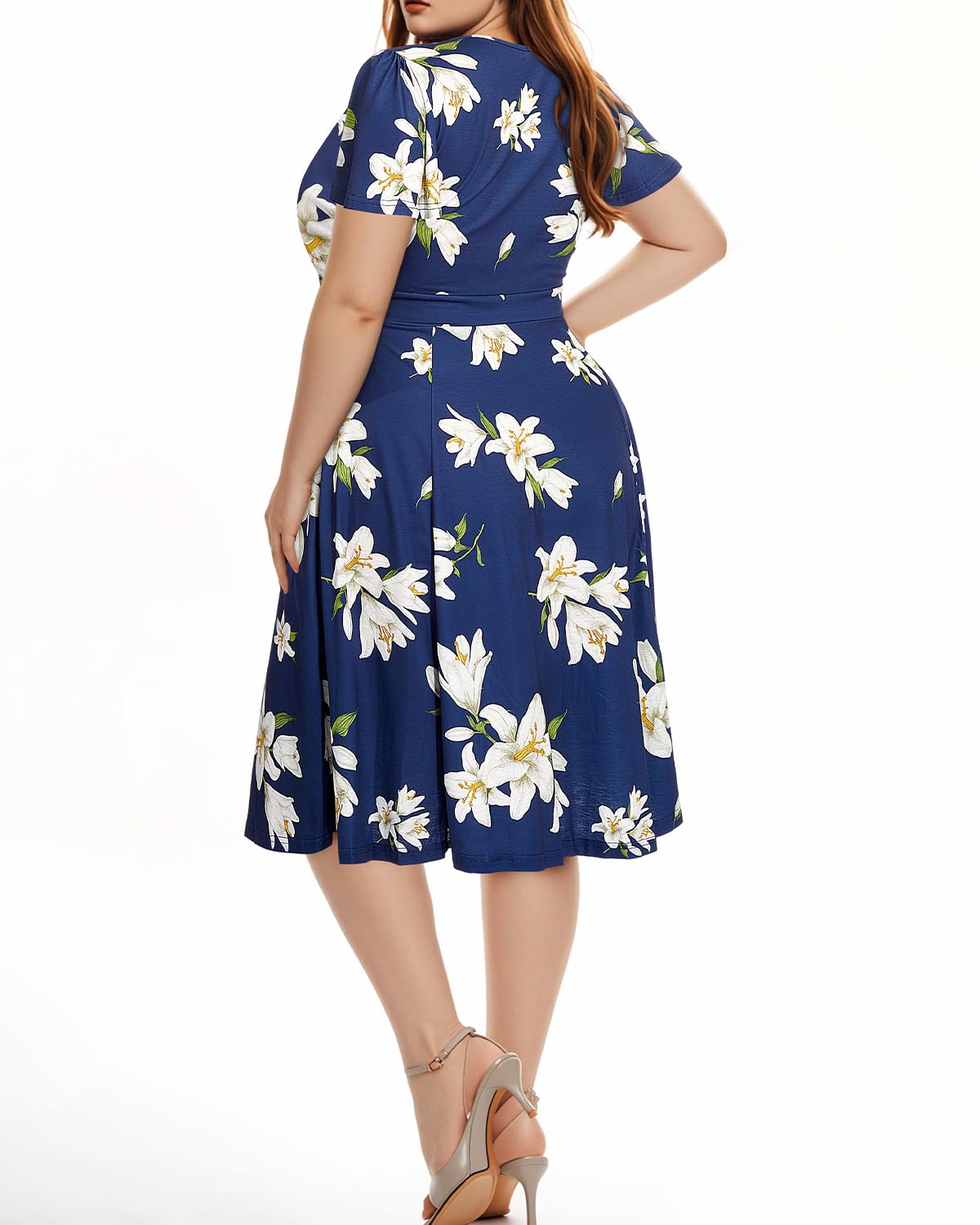 Plus Size Pinup Fashion Women's Cocktail Dress - Semi Formal Wrap Empire Waist Midi Dress for Wedding Guest & Special Occasions