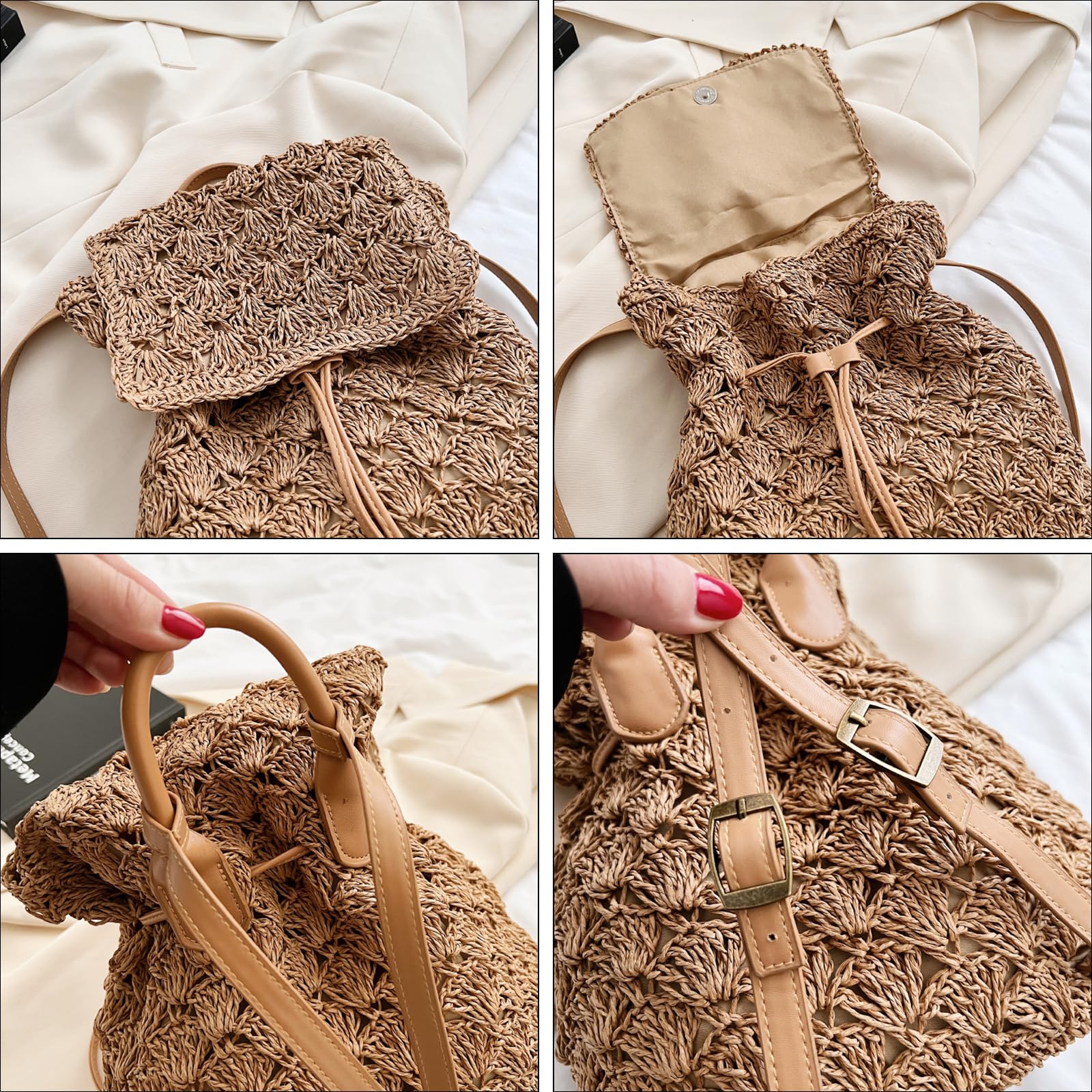 Handmade Crochet Straw Backpack for Women - Boho Beach Vacation Purse