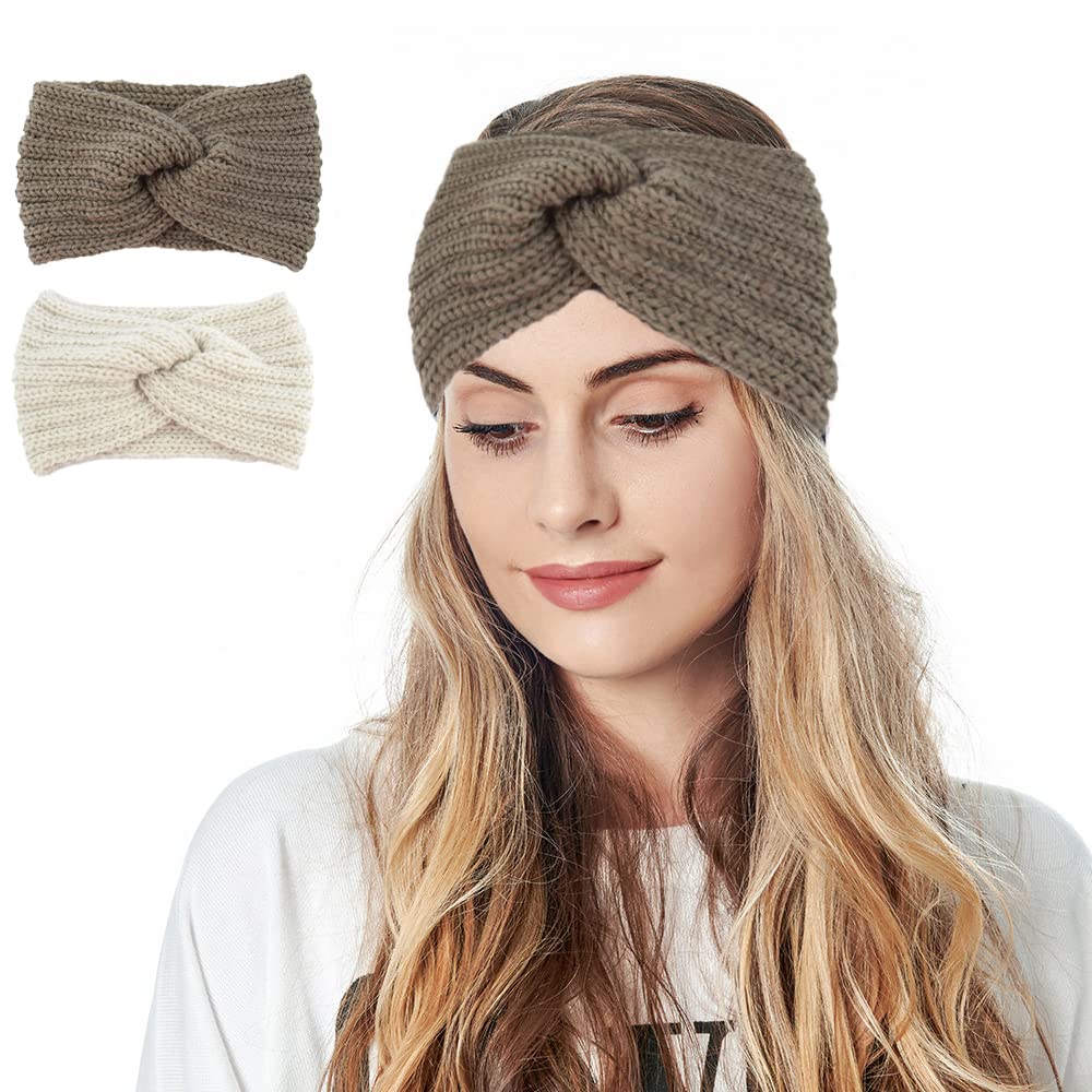 2Pcs Women's Stretchy Knitted Headbands - Winter Ear Warmers & Braided Crochet Head Wraps (Beige+Khaki) | Soft & Warm Hair Accessories for Outdoor Activities, Yoga, Running & Winter Sports
