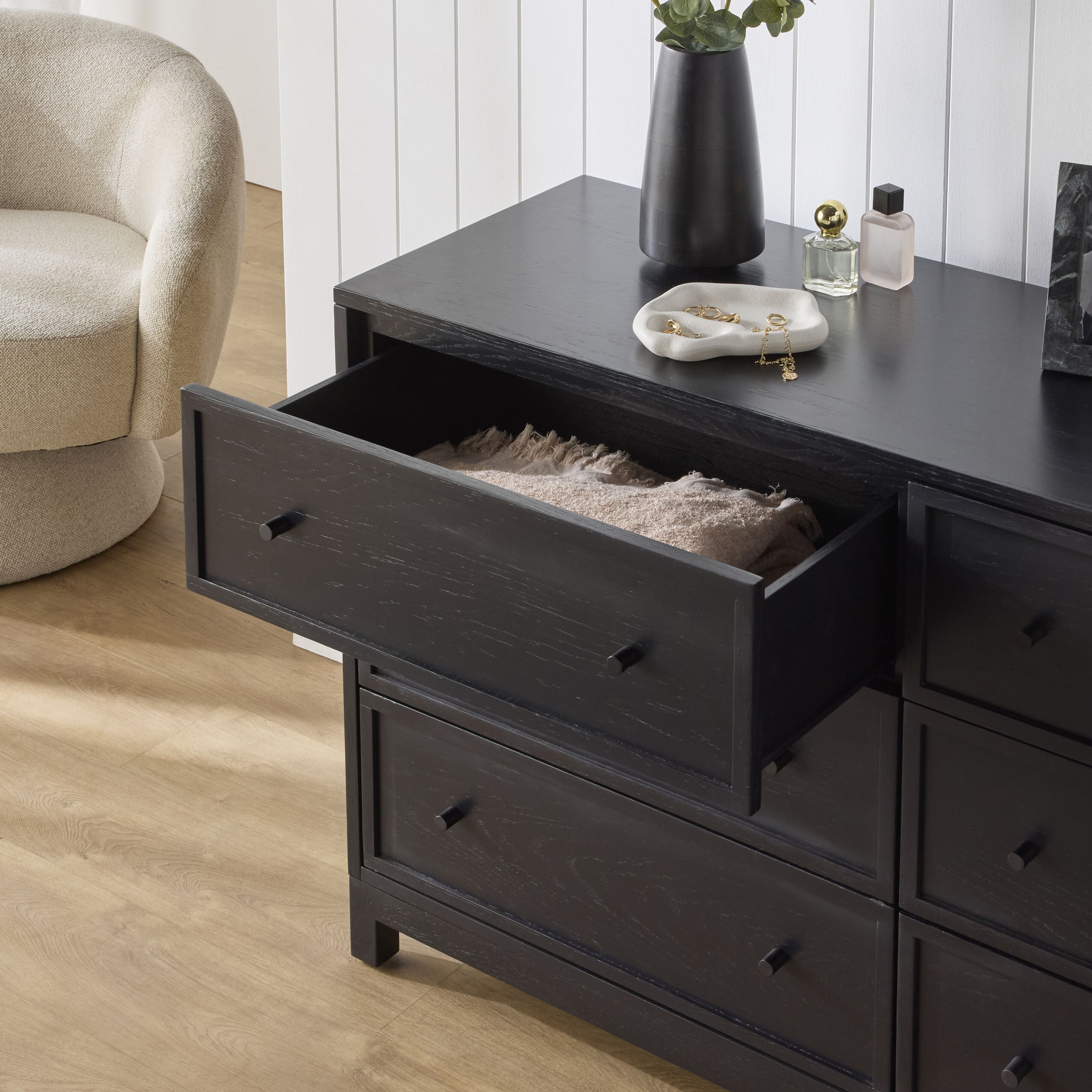 Avalon 6-Drawer Dresser Chest - Black Wooden Bedroom Storage Furniture for Clothes, Blankets & Organizing