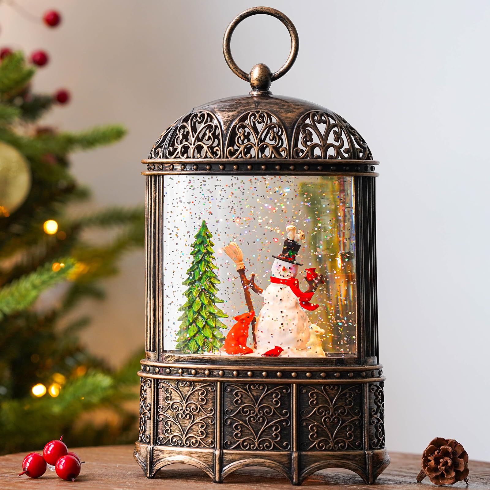 11'' Snowman Christmas Snow Globe Lantern with Timer - Musical Lighted Glittering Swirling Water Globe, USB/Battery Operated - Perfect for Holiday Home Decor, Gift Giving & Festive Tabletop Displays