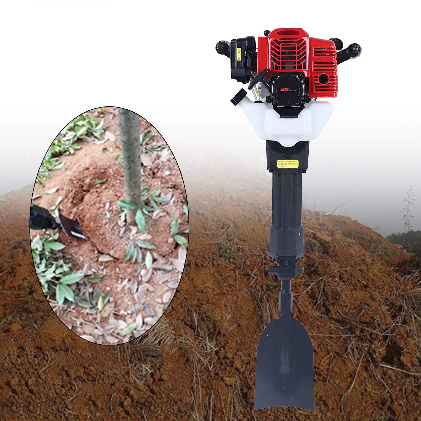 52CC 2-Stroke Gas Powered Handheld Trencher Digger Machine - 6500RPM High Power Garden Tree Digger, Excavator & Soil Cultivator with Shovel - Air-Cooled Single Cylinder Engine for Tree Planting, Landscaping & Yard Work (Black & Red) - Perfect for DIY Garden Projects, Trenching & Agricultural Use