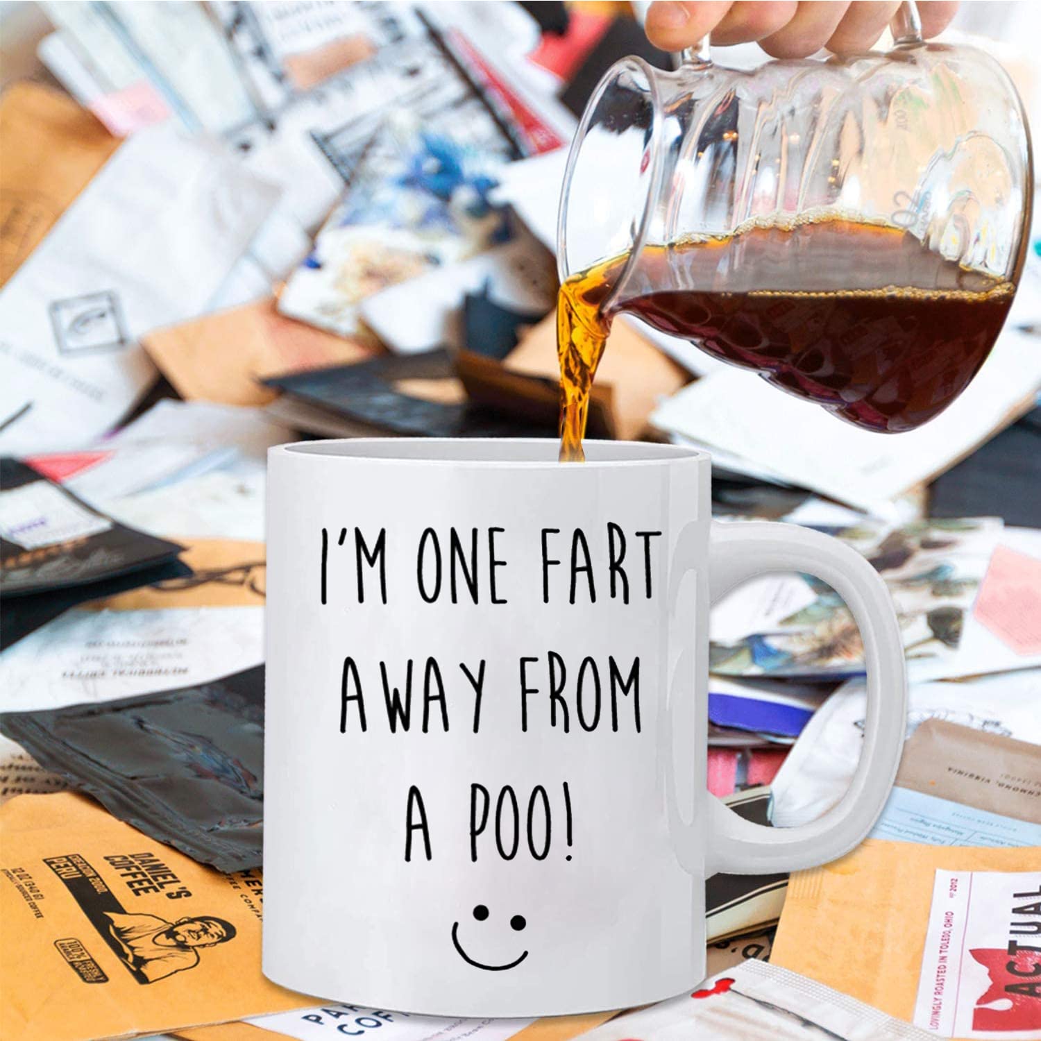 Funny Poop Coffee Mug - 'One Fart Away from a Poo' Novelty Ceramic Cup | Toilet Humor Gift for Boyfriend, Girlfriend, or Retirement | Great Christmas Present for Him or Her | Perfect for Office Pranks, Gag Gifts & Coffee Lovers