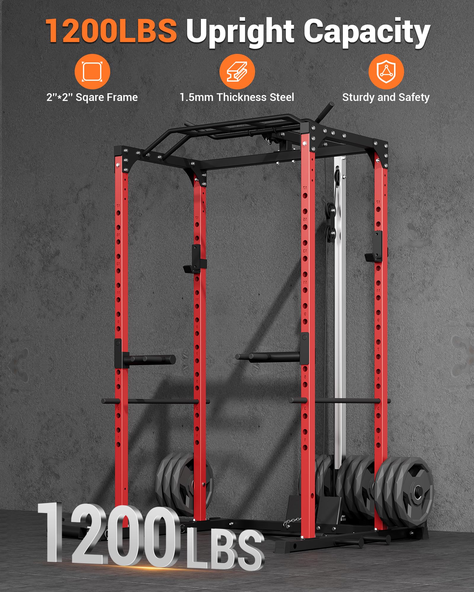 Heavy Duty Power Cage - 1200lbs Weight Capacity Multi-Function Squat Rack with Pulley System & Dip Bars | Home Gym Equipment for Strength Training, Weight Lifting & CrossFit Workouts | Perfect for Garage Gyms & Home Fitness Spaces