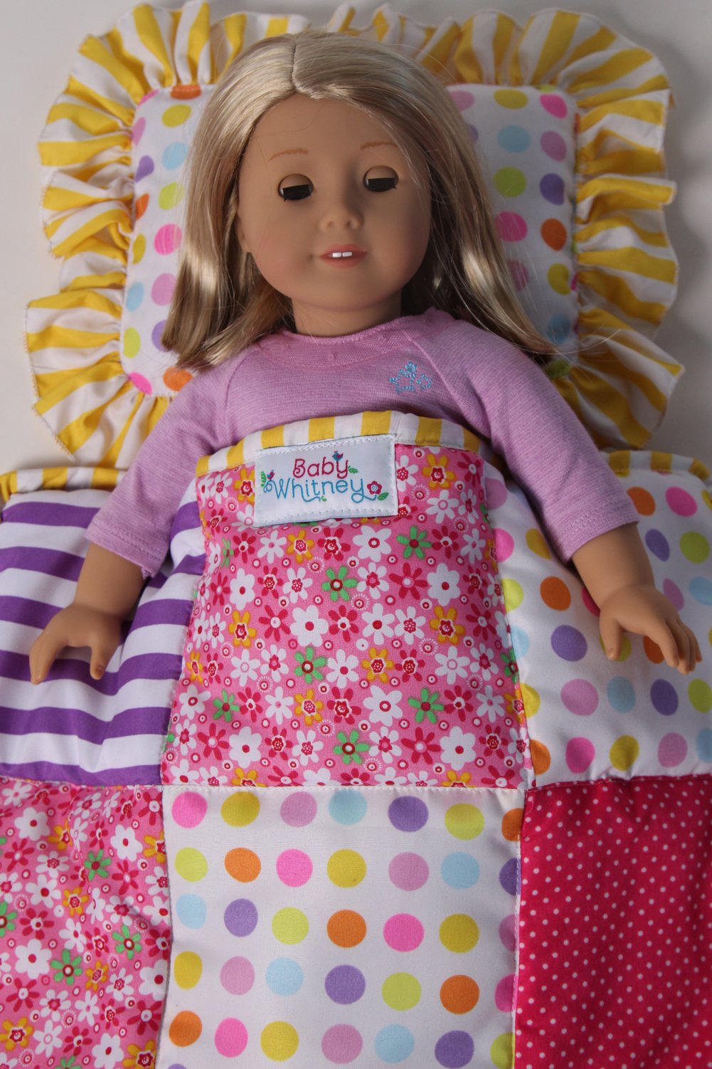 Baby Whitney Patchwork Quilt & Pillow Set for American Girl Dolls | Soft Doll Bedding with Matching Blanket & Cushion | Perfect for Dollhouse Play, Nursery Decor & Gift Giving
