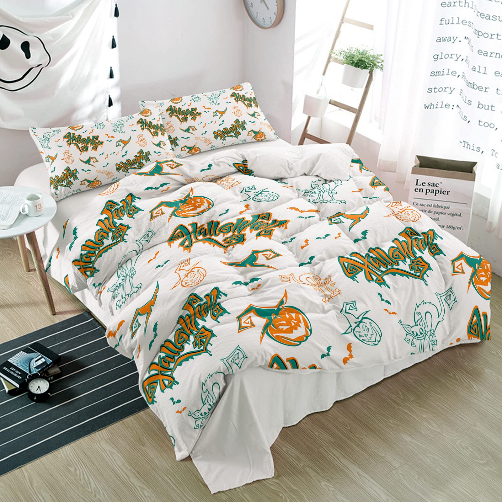 3-Piece Halloween Bedding Set - Pumpkin Black Cat Bat Wizard Hat Design, Ultra Soft Quilt Cover & Pillow Shams, Orange Graffiti Art Duvet Cover for All Seasons | Perfect for Spooky Bedroom Decor, Halloween Parties & Cozy Seasonal Home Styling
