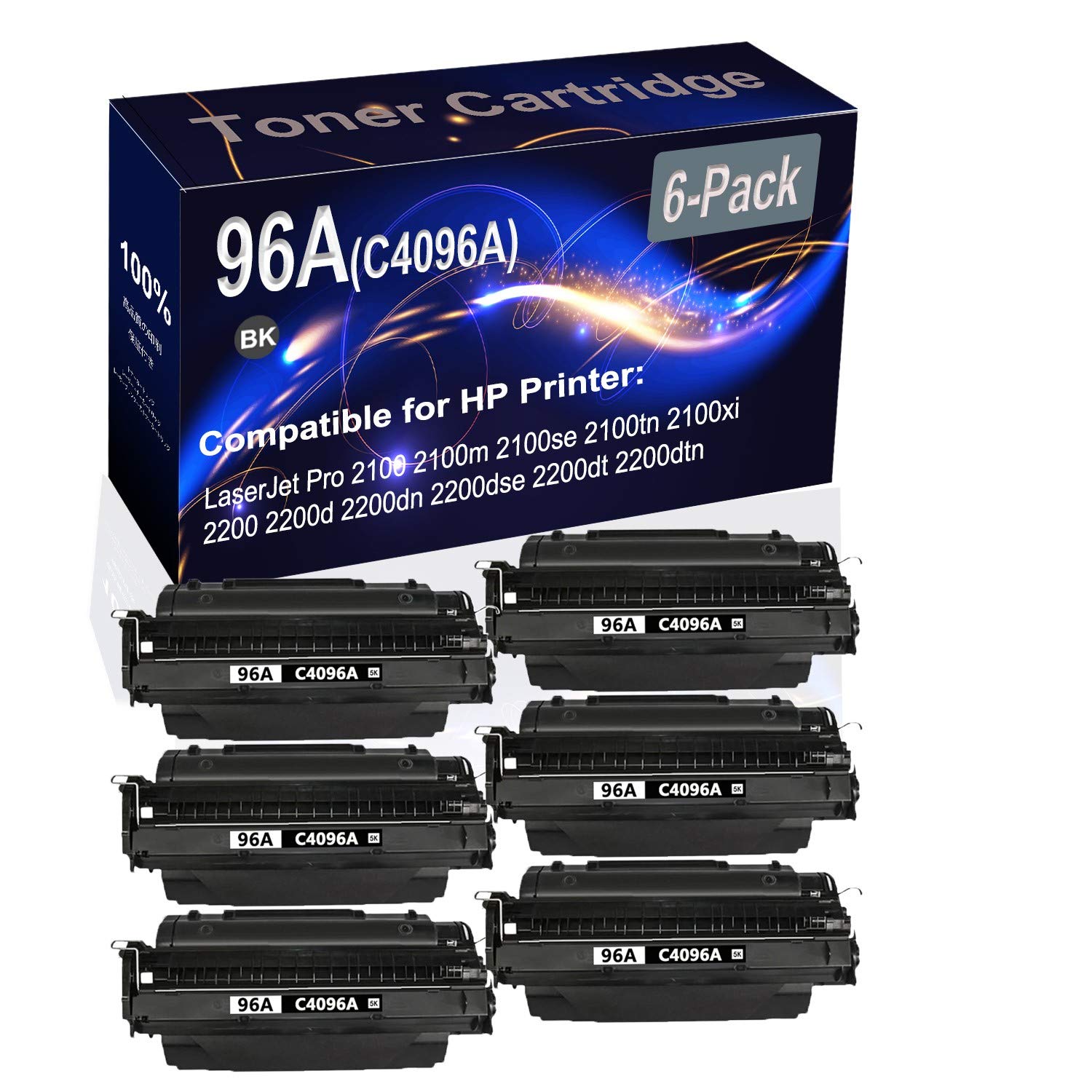 High Capacity 6-Pack Black Laser Printer Cartridge - Compatible with HP 96A (C4096A), HP 2100/2200 Series - Replacement for Office & Home Printing Needs