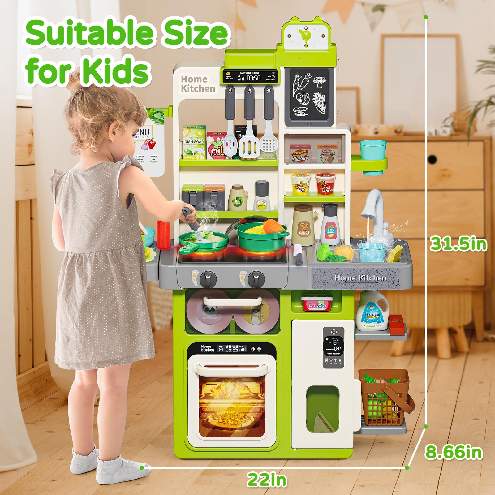 Realistic Kids Play Kitchen Set with Sound & Light - Toy Cooking Stove, Sink, Play Food & Accessories - Pretend Play Kitchen Toys for Toddlers Girls & Boys - Perfect for Birthday Gifts & Role Play Learning