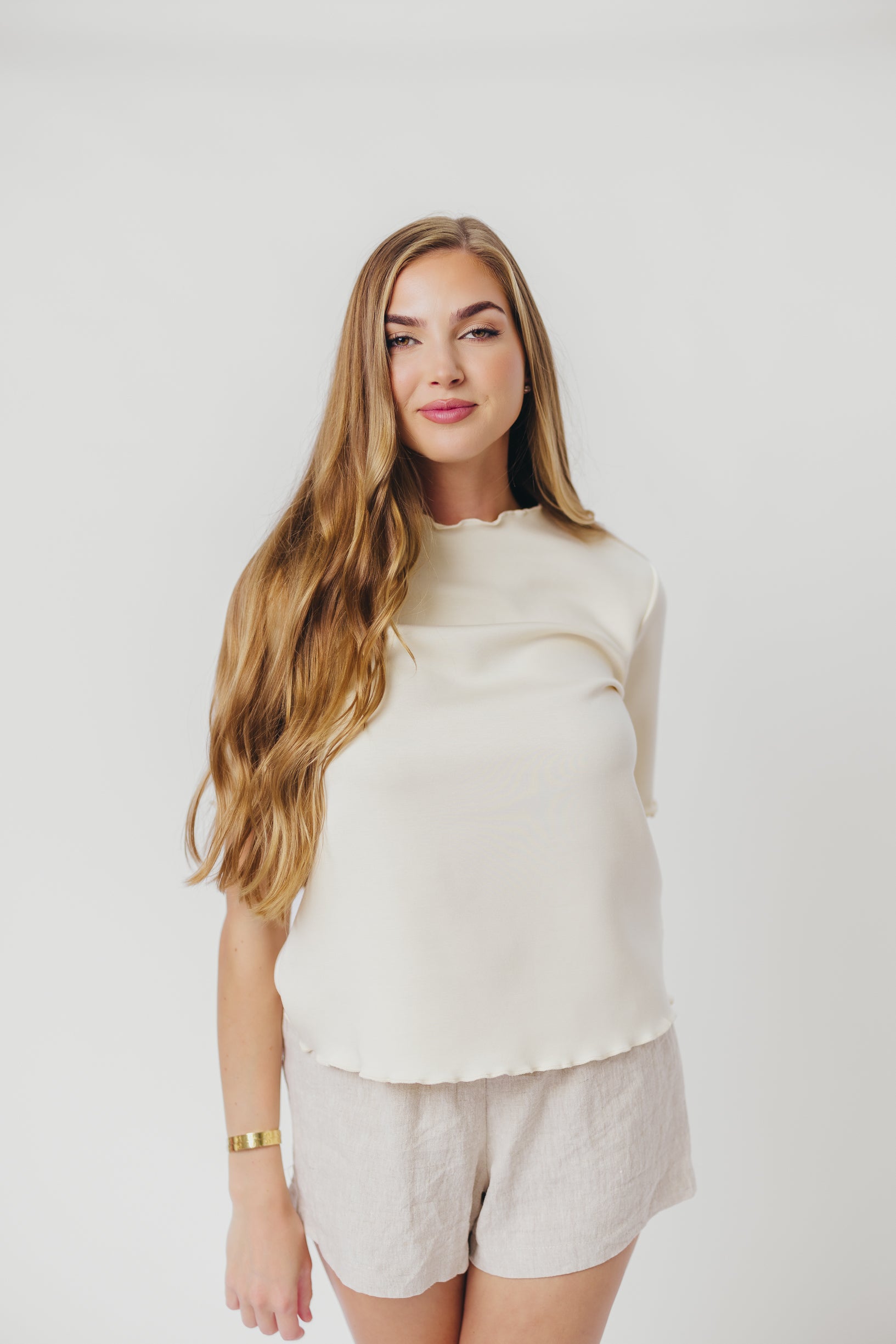 P.Cill Jemma Butter Modal Mockneck Top with Merrow Edge - Soft Eggshell Women's Blouse for Work, Date Night & Casual Outfits