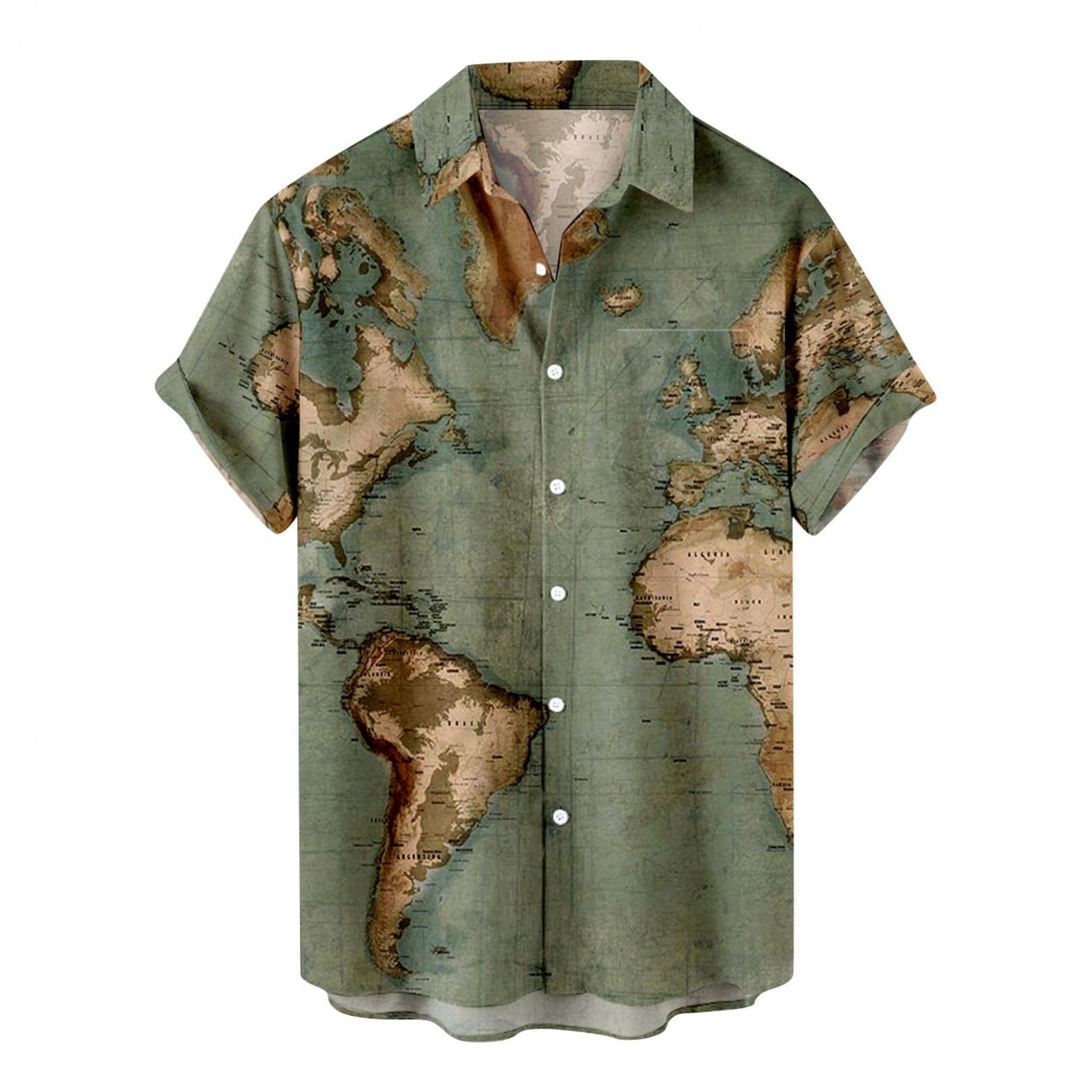 USNSM Men's Hawaiian Shirt - Casual Summer Short Sleeve Button Down Polo with Tropical Map Print - Perfect for Beach Vacation, Luau Party & Tropical Getaways