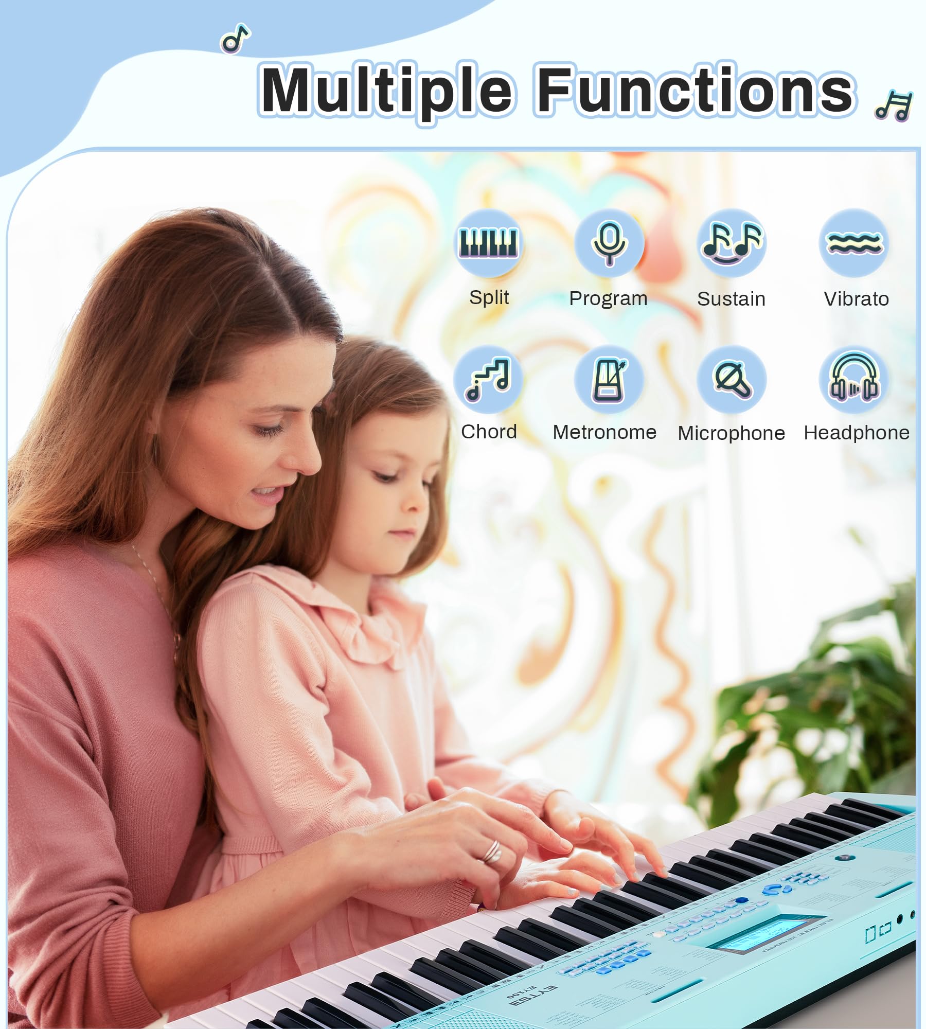 61-Key Electric Piano Keyboard for Beginners - 350 Tones, 350 Rhythms, 30 Demo Songs with LCD Display & Teaching Modes | Includes Headphones, Music Stand & Microphone | Perfect for Kids Learning Piano at Home (Blue)