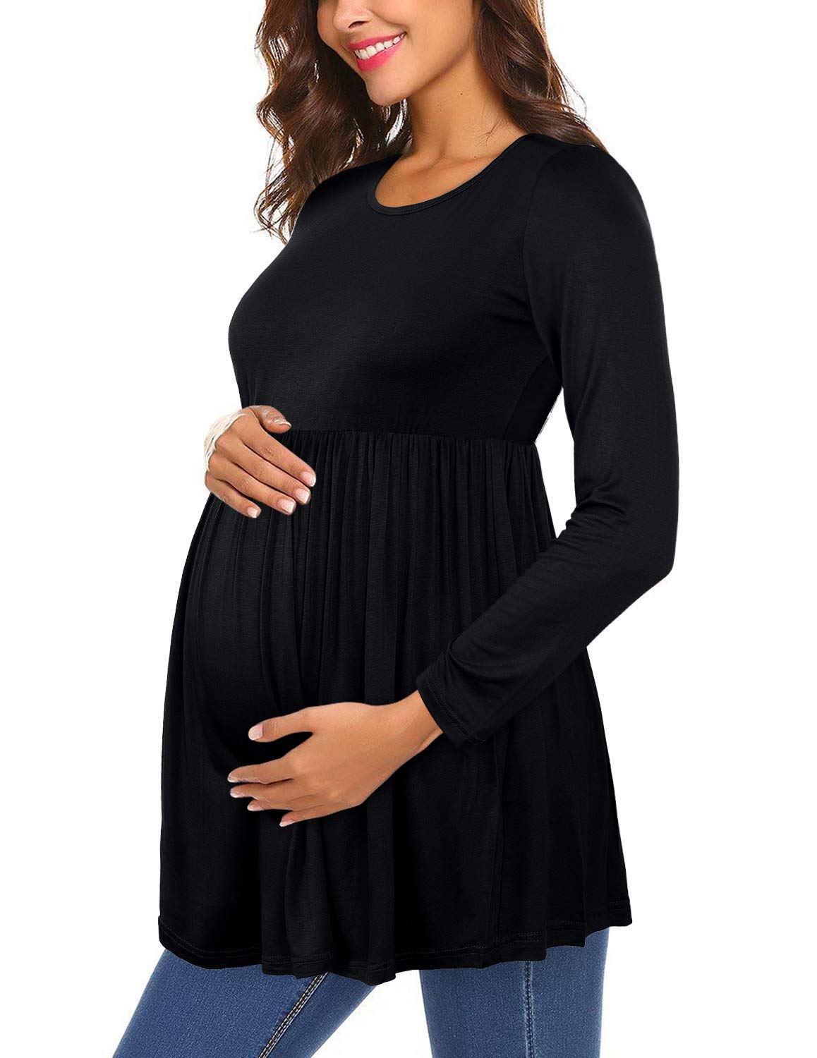 PrettyLife Women's Flattering Maternity Tops - Comfortable Short Sleeve Pleated Pregnancy Shirt for Everyday Wear | Perfect for Work, Casual Outings & Baby Showers