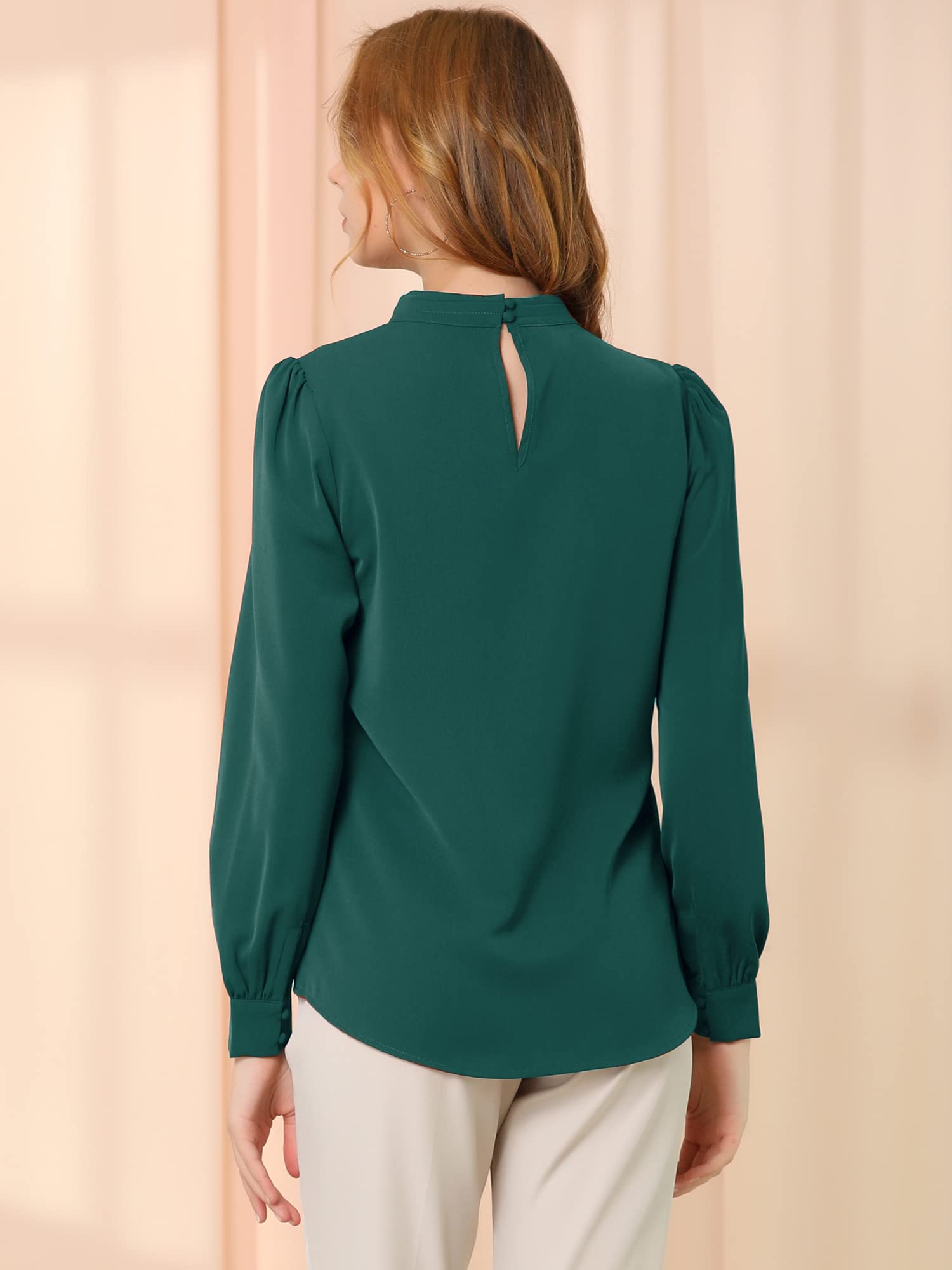 Allegra K Women's Elegant Stand Collar Keyhole Long Sleeve Blouse - Business Casual Work Tops for Office, Meetings & Professional Events