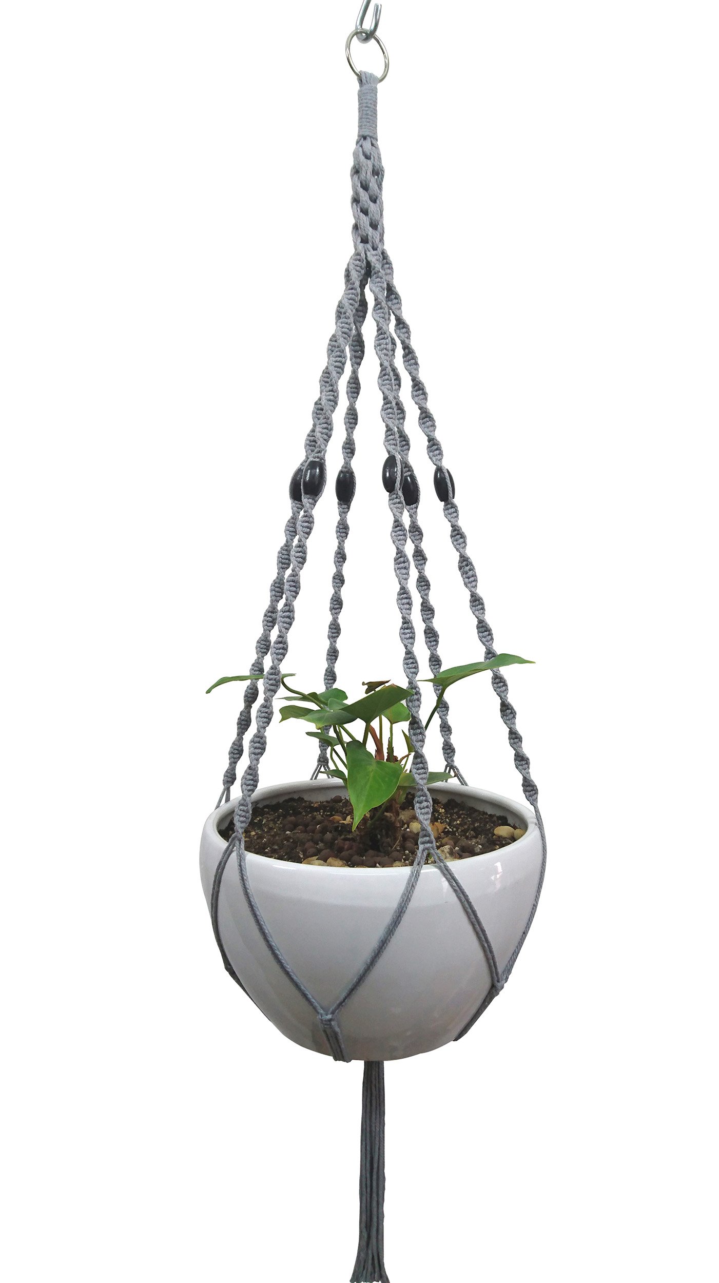 6-Leg Macrame Plant Hanger - 51 Inch Gray Cotton Hanging Basket Holder with Metal Ring for Indoor Plants | Boho Home Decor for Living Room, Bedroom, Porch & Patio
