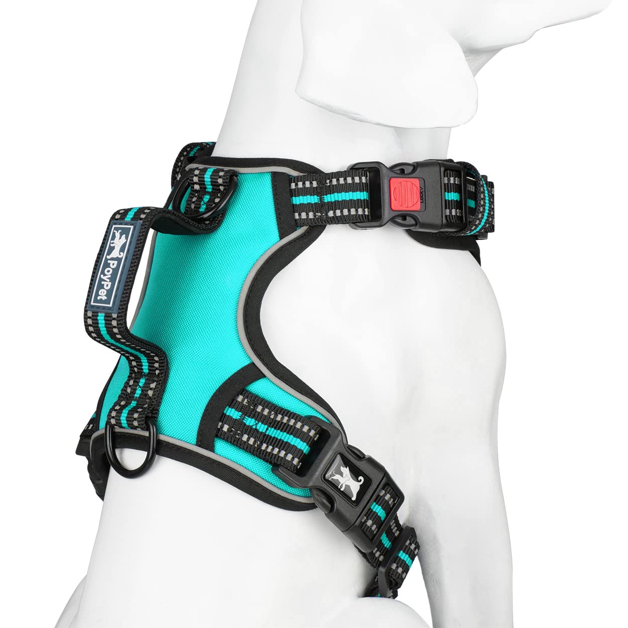 PoyPet No Pull Dog Harness - Front Clip Reflective Vest with Soft Padded Handle & 3 Leash Attachments for Small Medium Large Dogs (Mint Blue, Medium) - Perfect for Walking, Training & Nighttime Safety