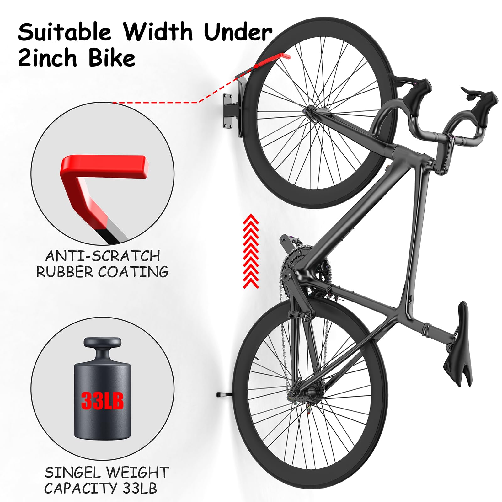 **2-Pack Wall Mounted Swivel Bike Rack with Tire Tray - 170° Adjustable Bike Hanger for Garage Storage - Vertical Bike Stand with 5 Secure Angles - Indoor/Outdoor Use for Home, Apartment, or Shed - Black**