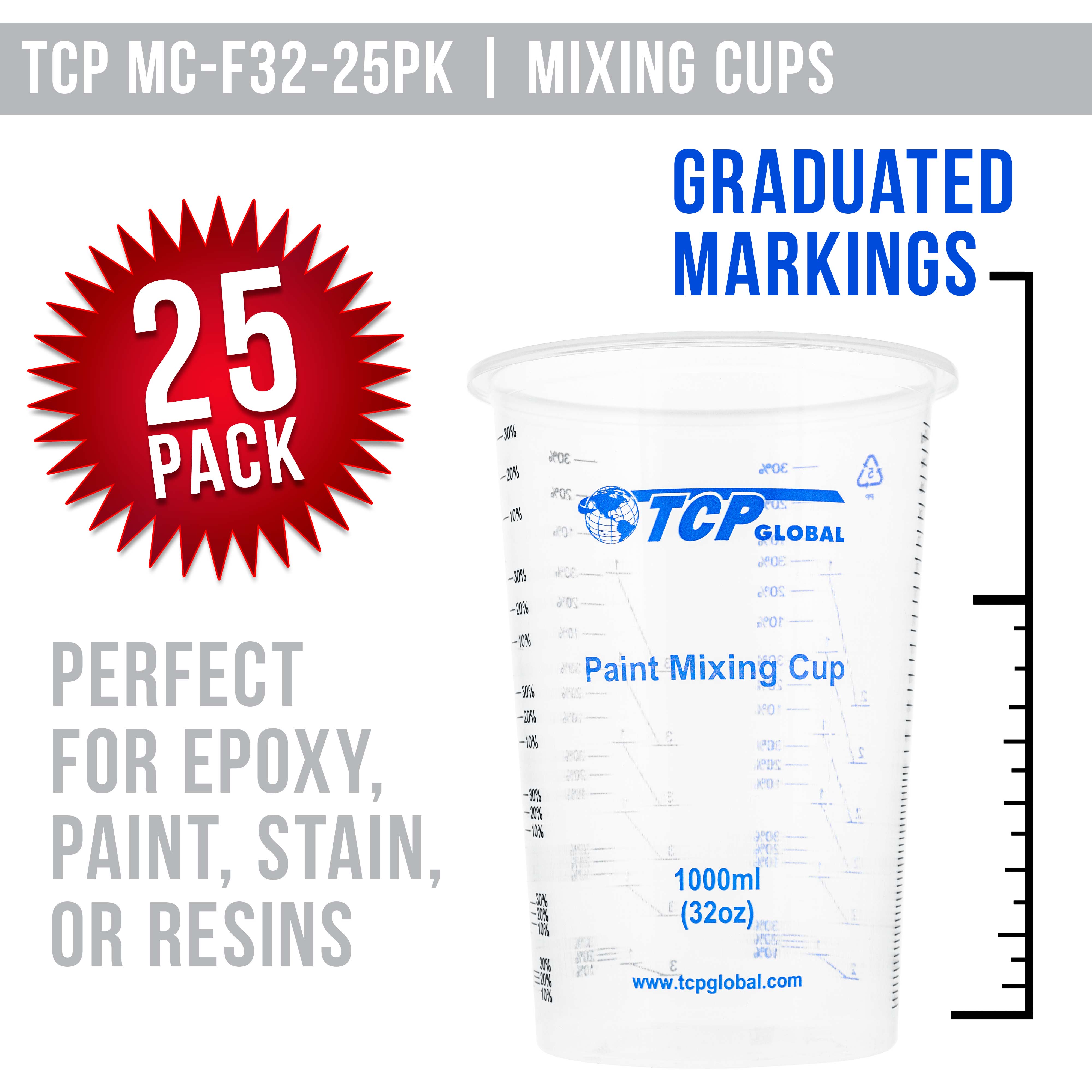 TCP Global 32oz (1000ml) Disposable Plastic Mixing Cups - Clear Graduated Measuring Cups for Paint, Resin, Epoxy, Art & Kitchen Use - Pack of 25 - Perfect for DIY Projects, Baking & Crafting