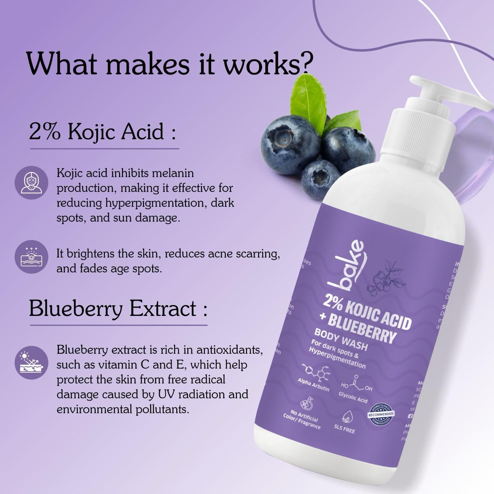BAKE 2% Kojic Acid Brightening Body Wash with Glycolic Acid & Alpha Arbutin - Skin Lightening & Tan Removal for Dark Knees, Elbows & Pigmentation | Fades Dark Spots & Sun Damage | 250ml | Perfect for Post-Sun Care & Evening Skin Tone