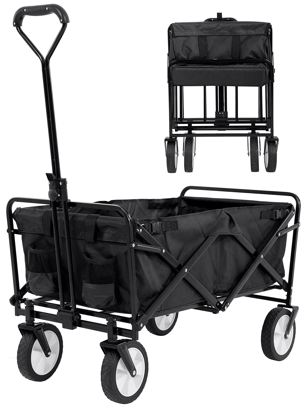 Heavy Duty Collapsible Wagon Cart with 360° Swivel Wheels & Adjustable Handle - Foldable Steel Utility Cart for Beach, Garden, Grocery Shopping, Camping & Outdoor Activities (Black)