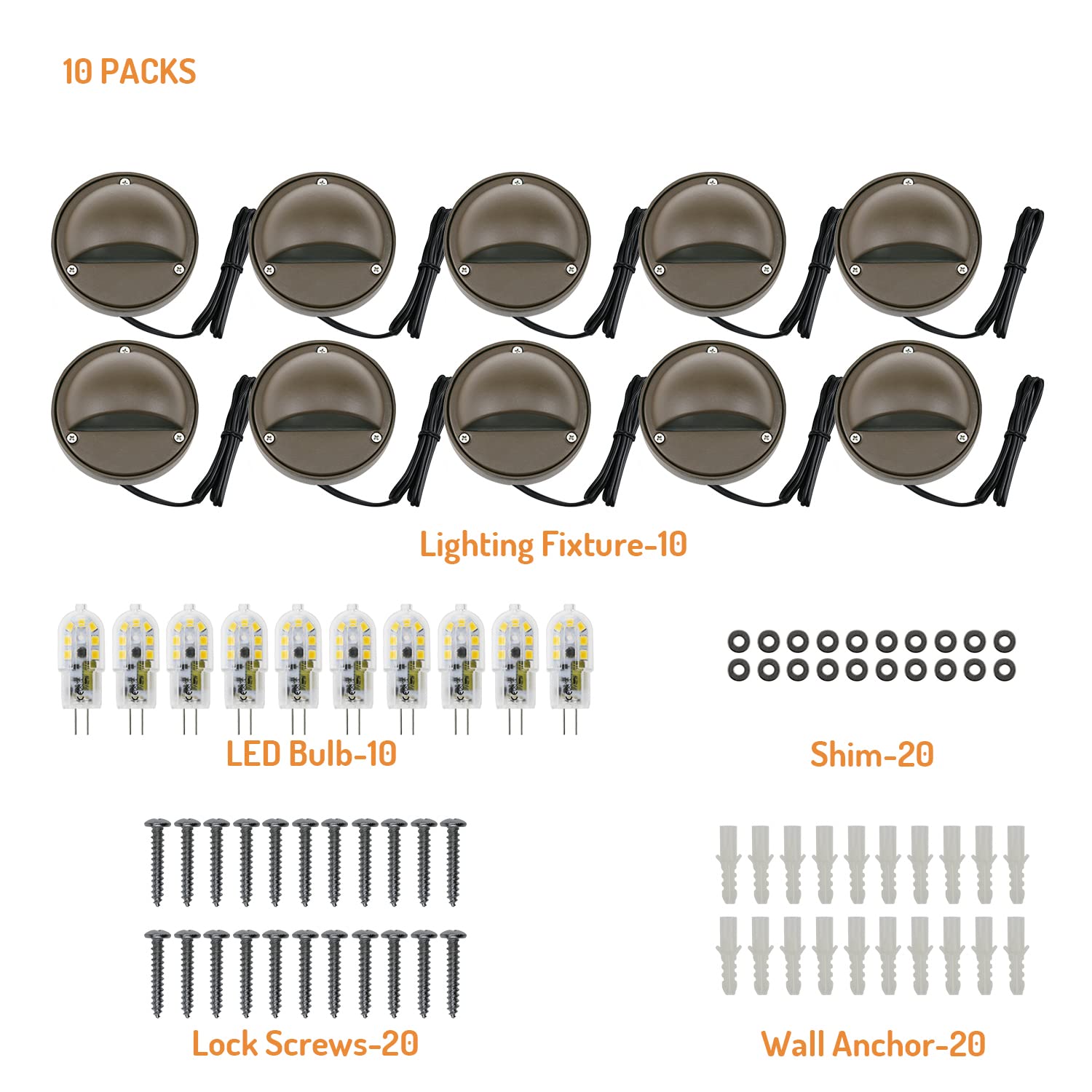 2W LED Deck Lights - Low Voltage Outdoor Landscape Lighting with Replaceable G4 Bulbs (3000K Warm White, Aluminum Housing, Bronze) - Pack of 10 for Stairs, Pathways, Walkways, Decks & Garden Lighting