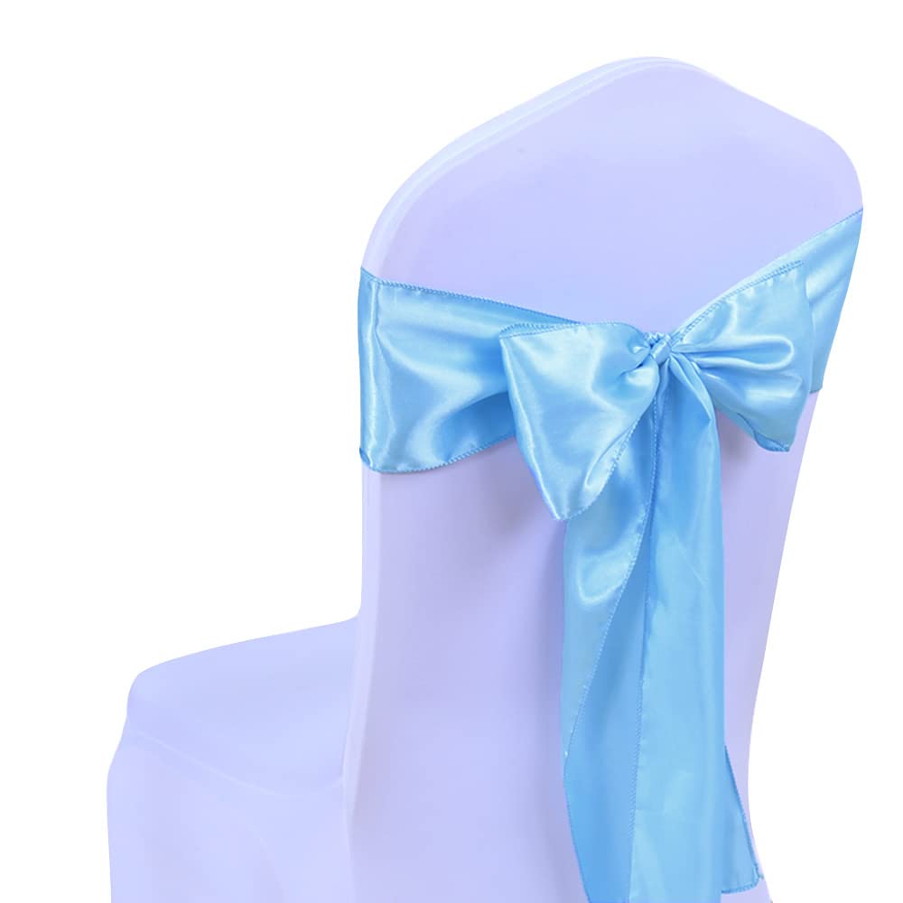 SINSSOWL 50-Pack Baby Blue Satin Chair Sashes & Bows - Elegant Wedding, Banquet, Party Chair Decorations with Ribbon Ties for Folding Chairs | Perfect for Weddings, Bridal Showers, Baby Showers & Special Events