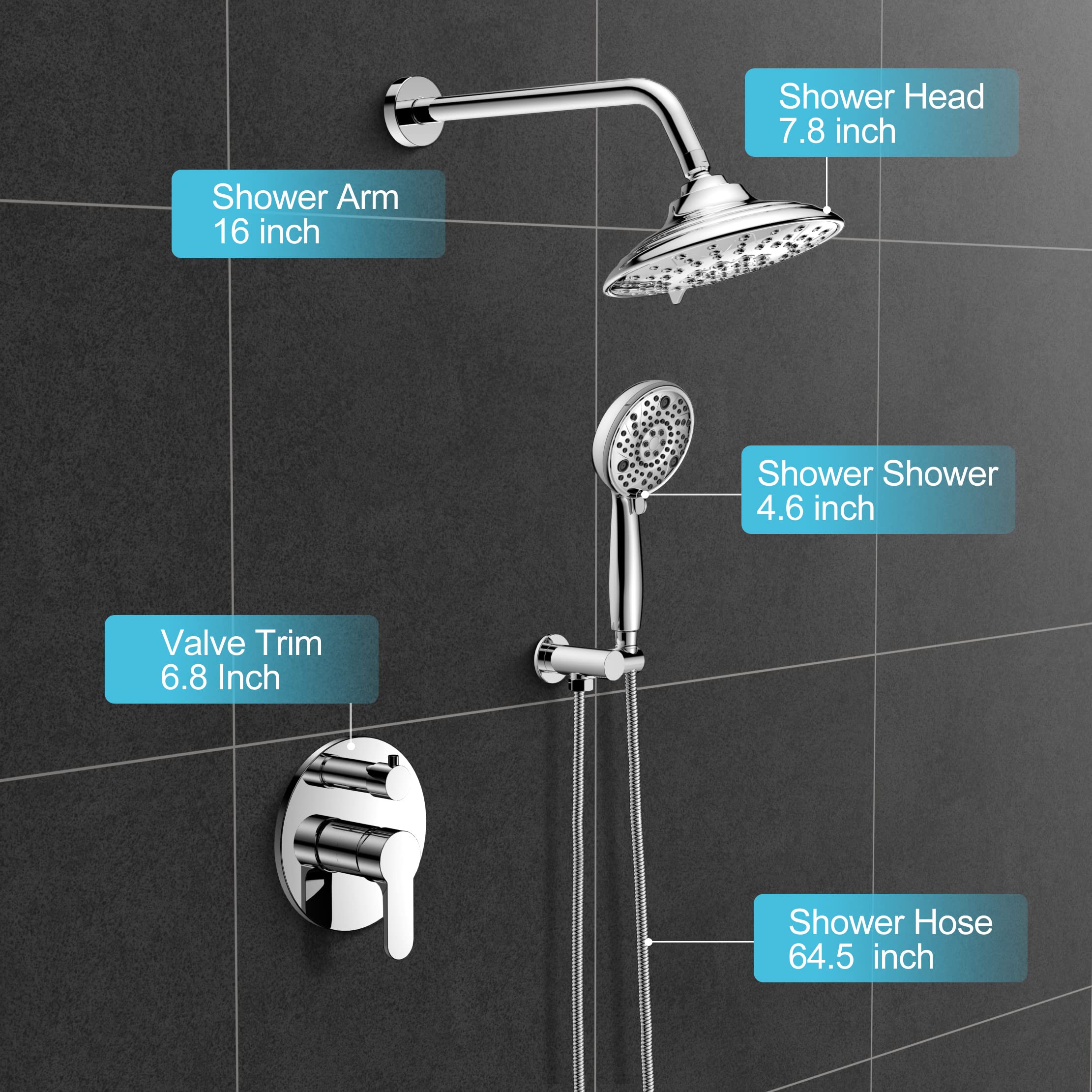 EMBATHER 3-Setting High Pressure Shower Faucet Set with Wall Mount Rainfall Shower Head & 8-Mode Handheld Spray - Polished Chrome Finish for Bathroom, Spa, and Luxury Home Use