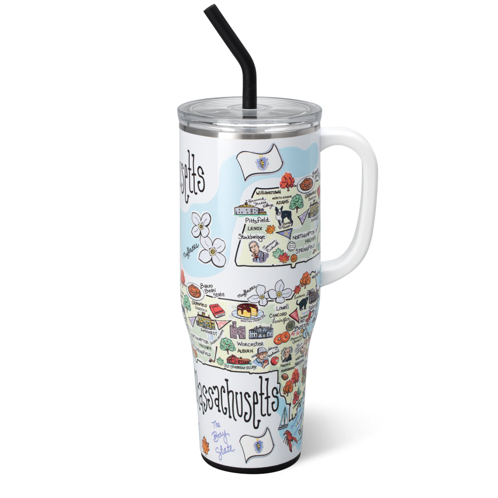 Massachusetts Mega Mug 40oz - Large Insulated Tumbler with Lid & Straw - Perfect for Coffee, Tea & Cold Drinks at Home, Office or Travel