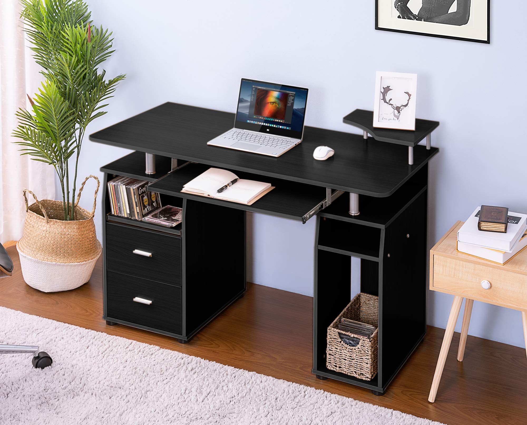 47 Inch Home Office Computer Desk with Hutch, 2 Drawers & Keyboard Tray - Black Study Writing Desk for Students & Professionals, PC Laptop Workstation with Elevated Shelf & Host Stand - Perfect for Small Spaces, Remote Work & Gaming Setup