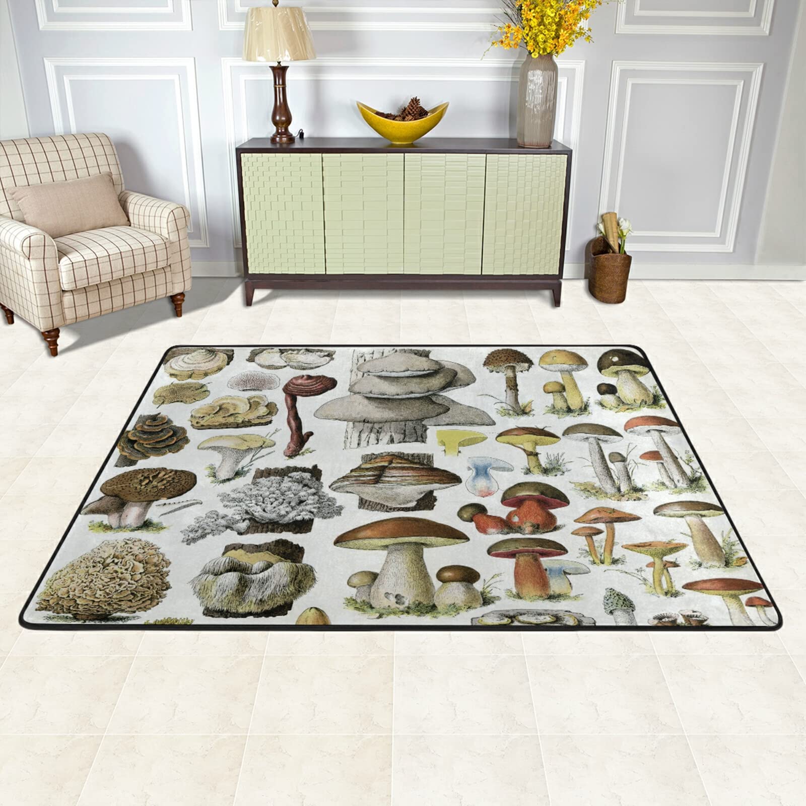 Vintage Mushroom Print Area Rugs - Slip Resistant Soft Cushioned Anti-Fatigue Standing Mat - Water Absorbent Microfiber Non-Slip Kitchen & Bathroom Rug - Checkered Doormat for Home Decor (Perfect for Kitchen, Bathroom, Entryway & Office Use)