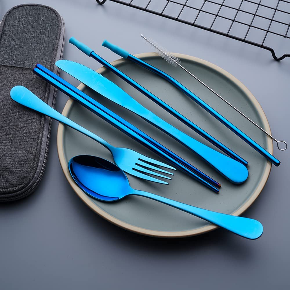 Reusable Stainless Steel Travel Utensil Set with Case - 8pc Portable Cutlery (Knife, Fork, Spoon, Chopsticks, Straws) - Blue | Eco-Friendly Dining for Camping, Picnics & Office Lunch