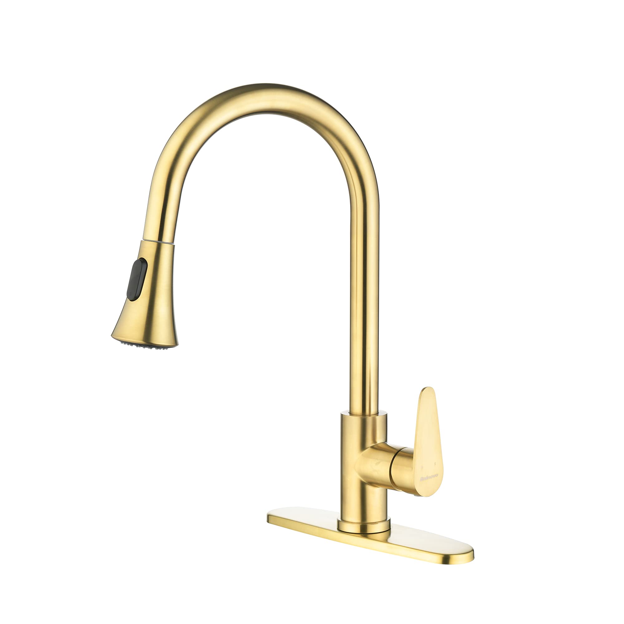 Rainovo Pull Down Kitchen Faucet with 2 Spray Modes - High Arc Brushed Gold Modern Sink Faucet for 1/3 Hole Installation with Deck Plate - Perfect for RV, Laundry & Home Kitchen Use