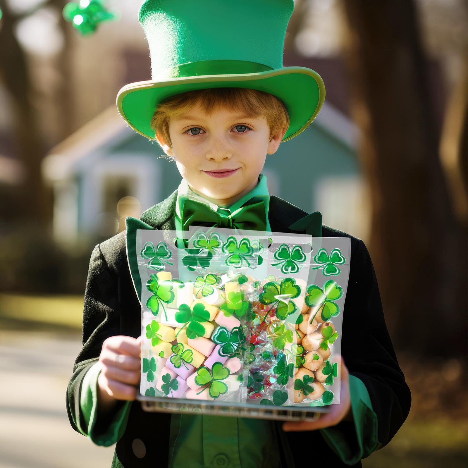 60 Pcs St Patrick's Day Treat Bags Bulk - Green Plastic Shamrock Zip Lock Candy Bags with Handles for Irish Party Favors, Leprechaun Birthday & Saint Patrick's Day Celebrations - Perfect for Classroom Treats, Party Giveaways and Holiday Gift Bags