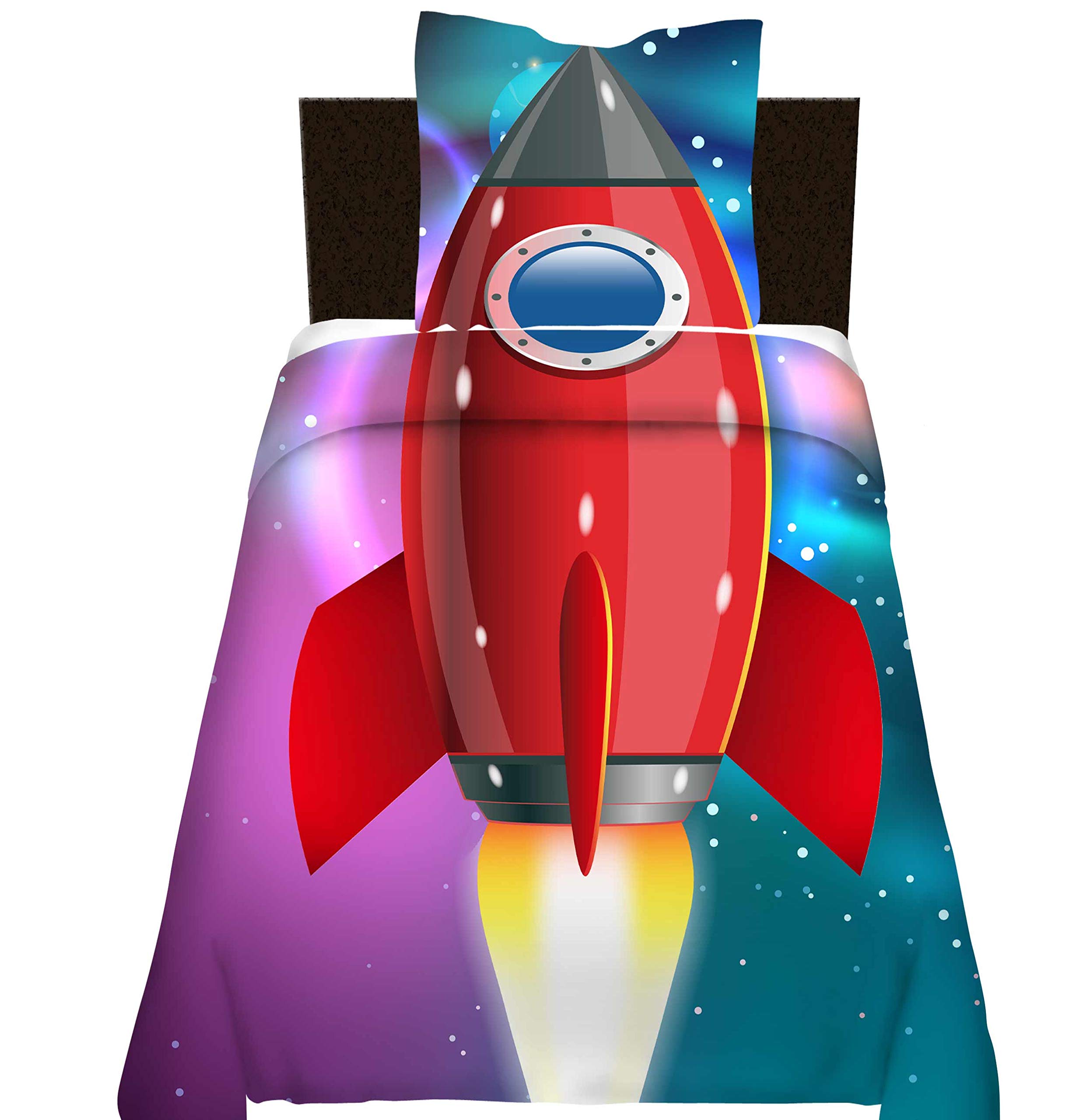 Feelyou 3D Galaxy Rocket Printed Bedding Set for Kids - Twin Size, Modern Space Ship Duvet Cover & Comforter Set, 2-Piece Microfiber Bedspread for Boys & Girls (Blue Stars & Planets) | Perfect for Space-Themed Bedrooms, Birthday Gifts & Kids' Room Decor