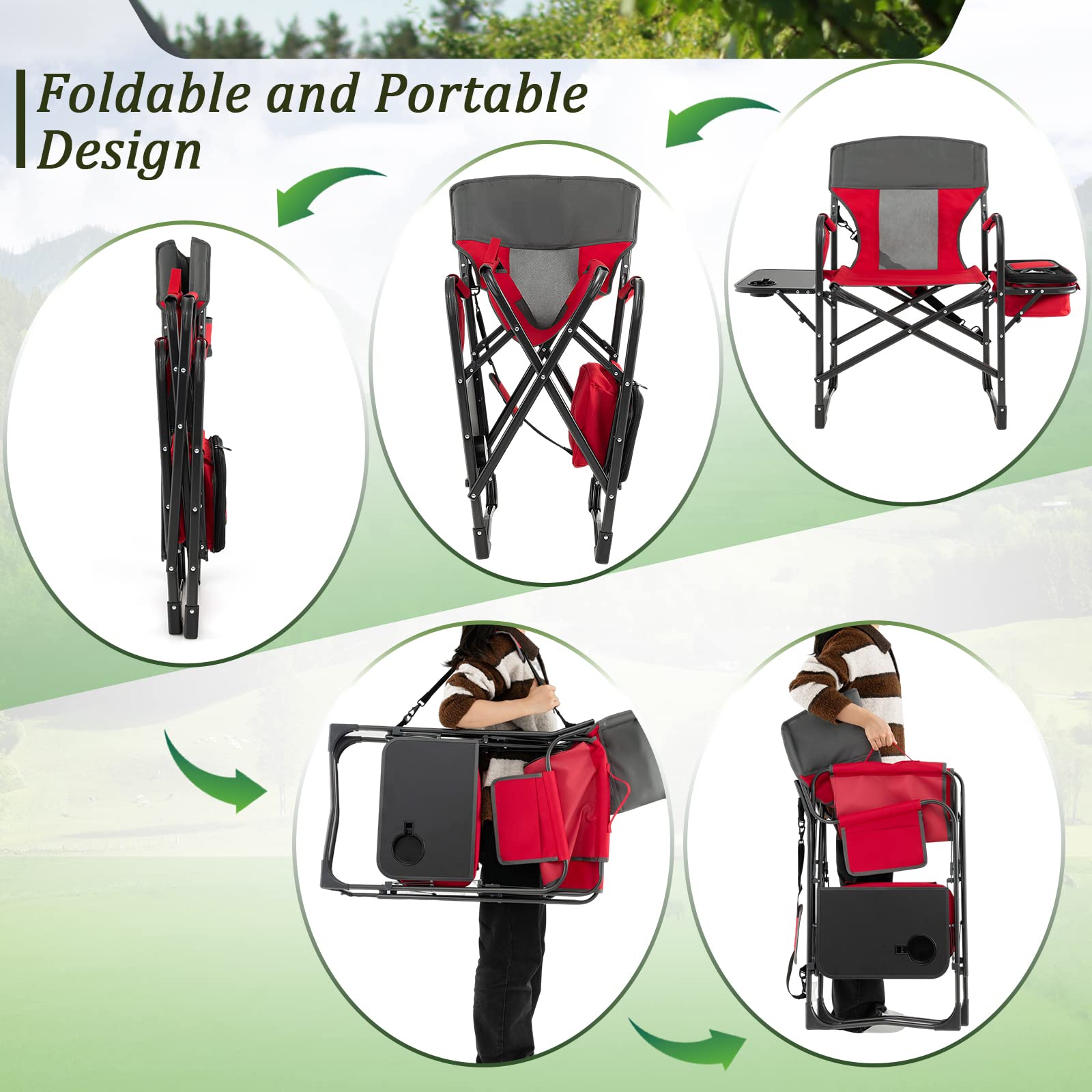 Giantex Heavy Duty Folding Camping Chair with Side Table & Cooler Bag - Portable Director's Chair with Storage Pocket, Shoulder Strap & Handle - 400 lbs Weight Capacity - Perfect for Outdoor Camping, Fishing, Picnics, Makeup Artists & Photographers (Red)