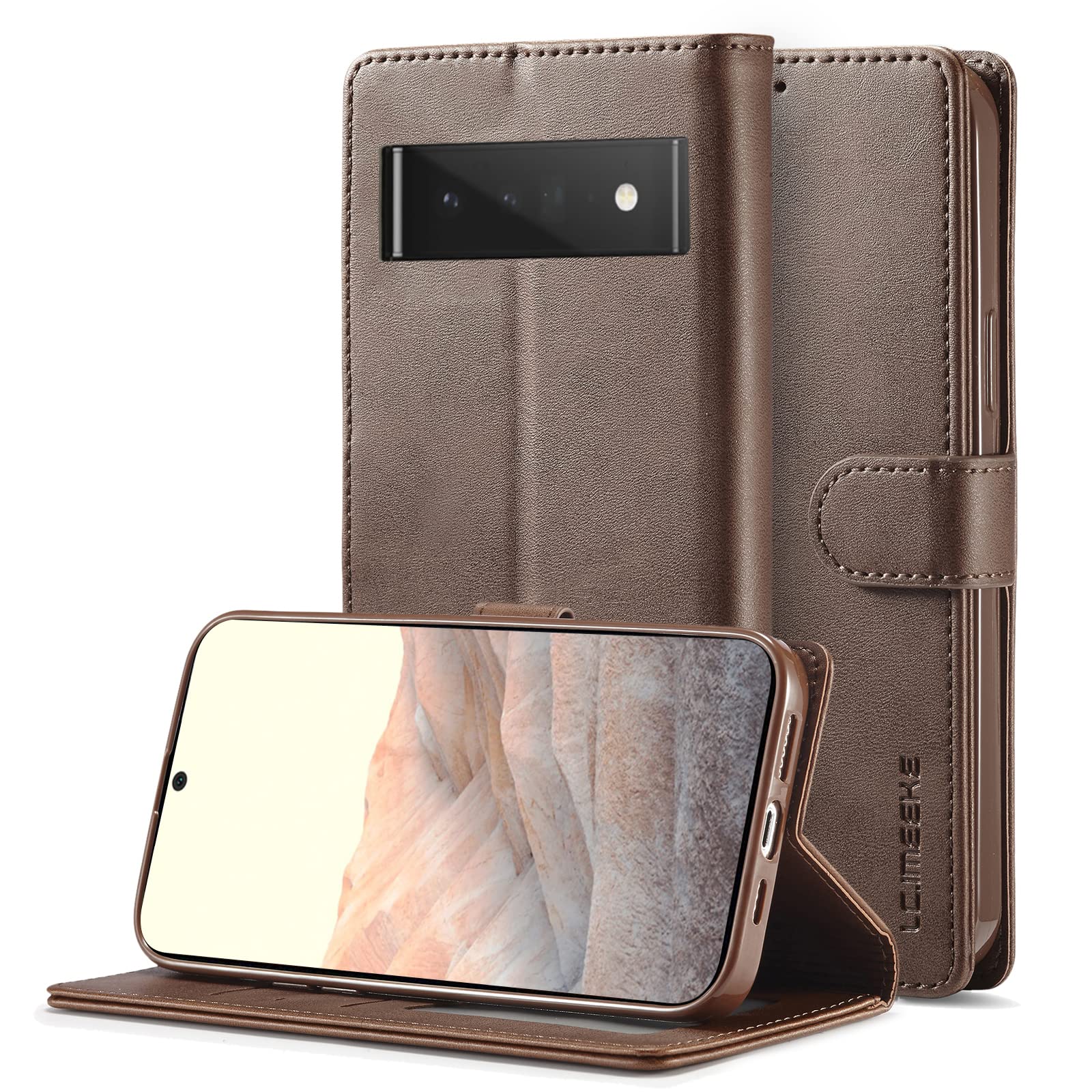 Premium PU Leather Wallet Case for Google Pixel 6 Pro - Magnetic Flip Cover with Card Holder & Stand Function | Slim Protective Phone Case for Business & Travel (Coffee Brown)